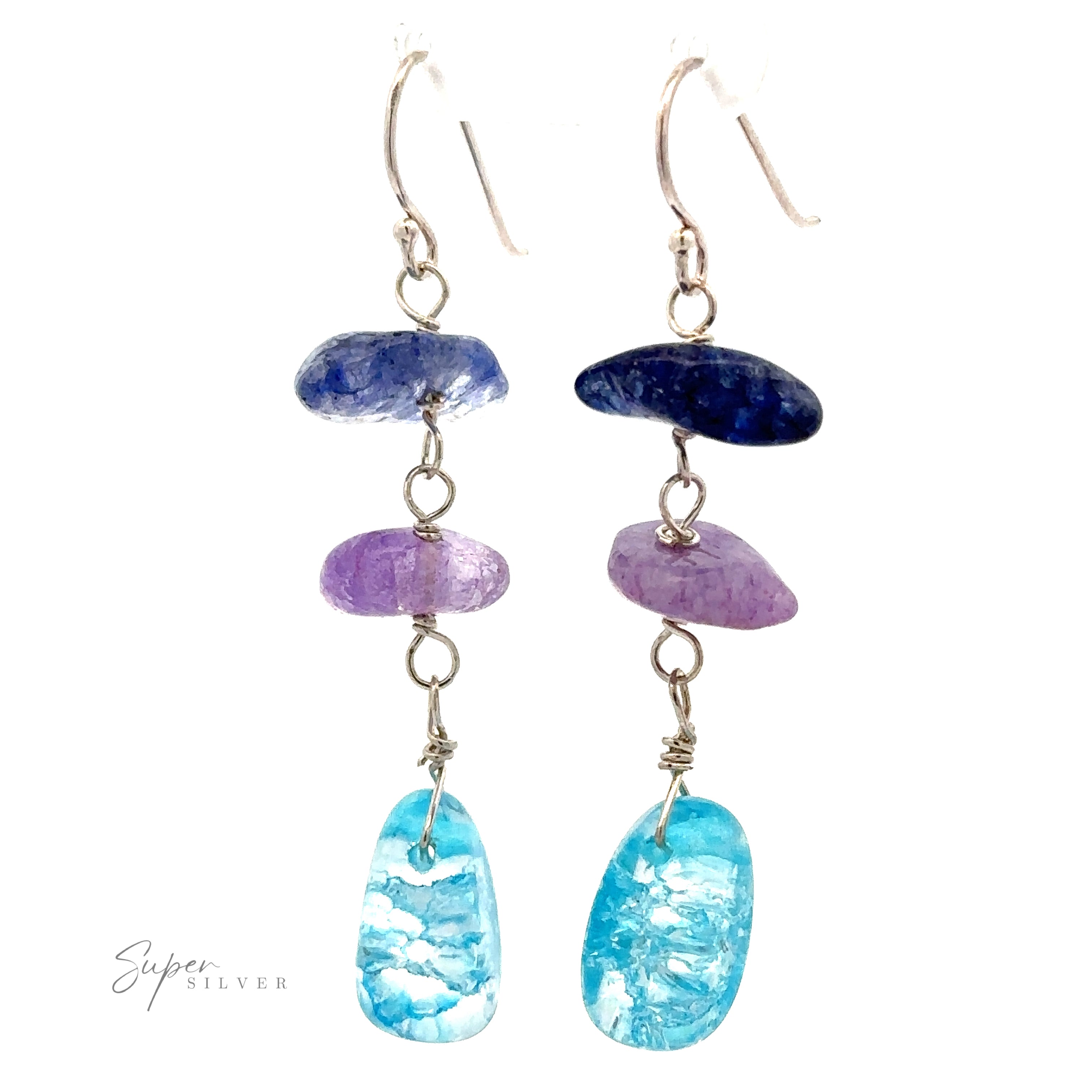 A pair of Beaded Blue and Purple Earrings featuring three stacked stones each: one bright blue bead, one purple bead, and one turquoise stone. The logo "Super Silver" is visible at the bottom left.