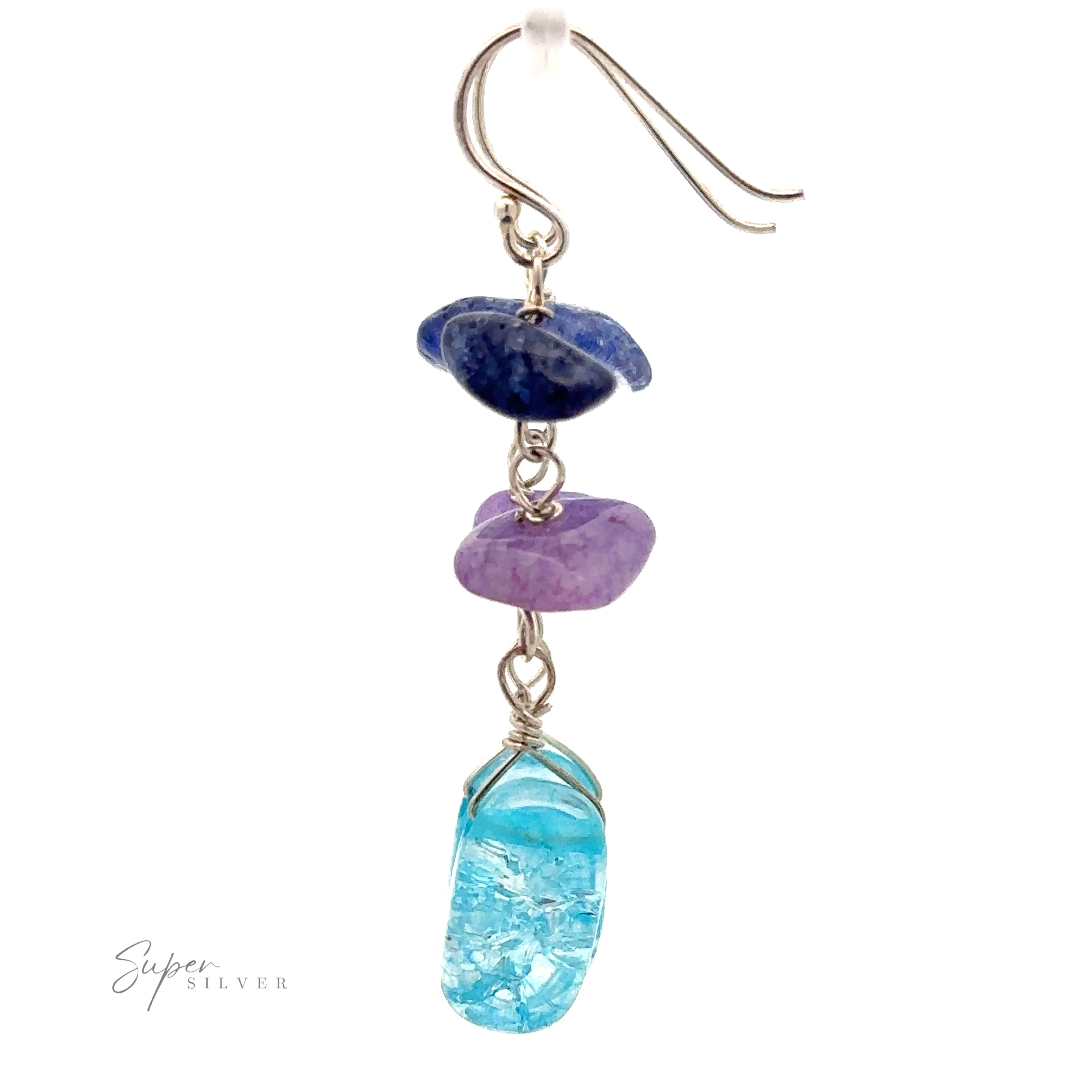 A Beaded Blue and Purple Earrings featuring three stones in a vertical arrangement: a bright blue bead at the top, a purple stone in the middle, and a translucent turquoise stone at the bottom.