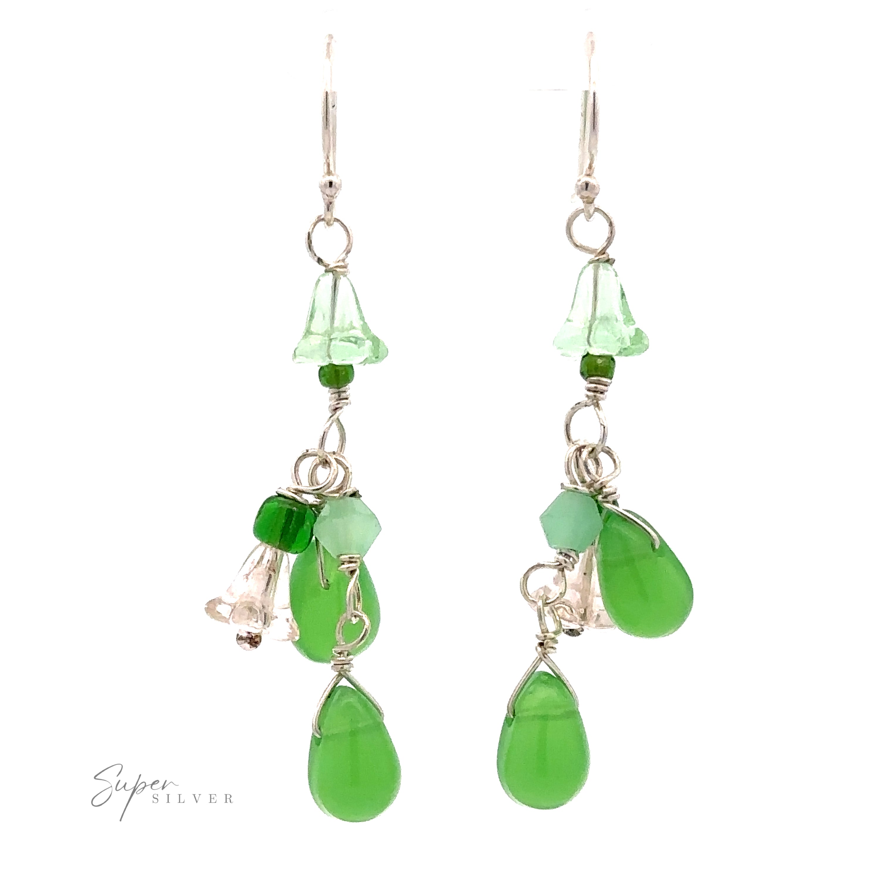 A pair of Playful Green Dangle Earrings crafted from .925 Sterling Silver, featuring green teardrop and flower-shaped beads, accented by smaller clear and multicolored beads.