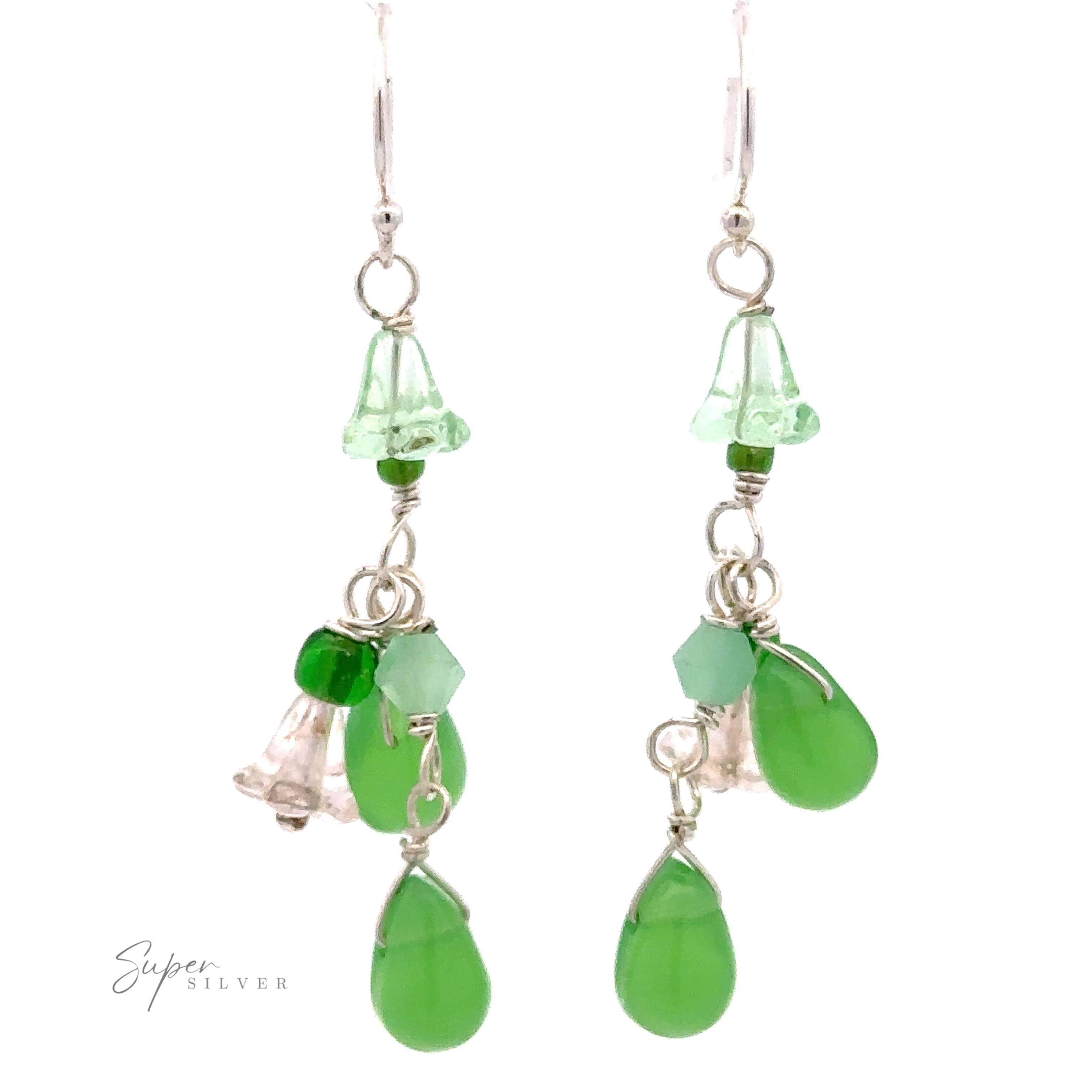 A pair of Playful Green Dangle Earrings with teardrop and bell-shaped elements, multicolored beads, delicate wirework, and .925 Sterling Silver accents.