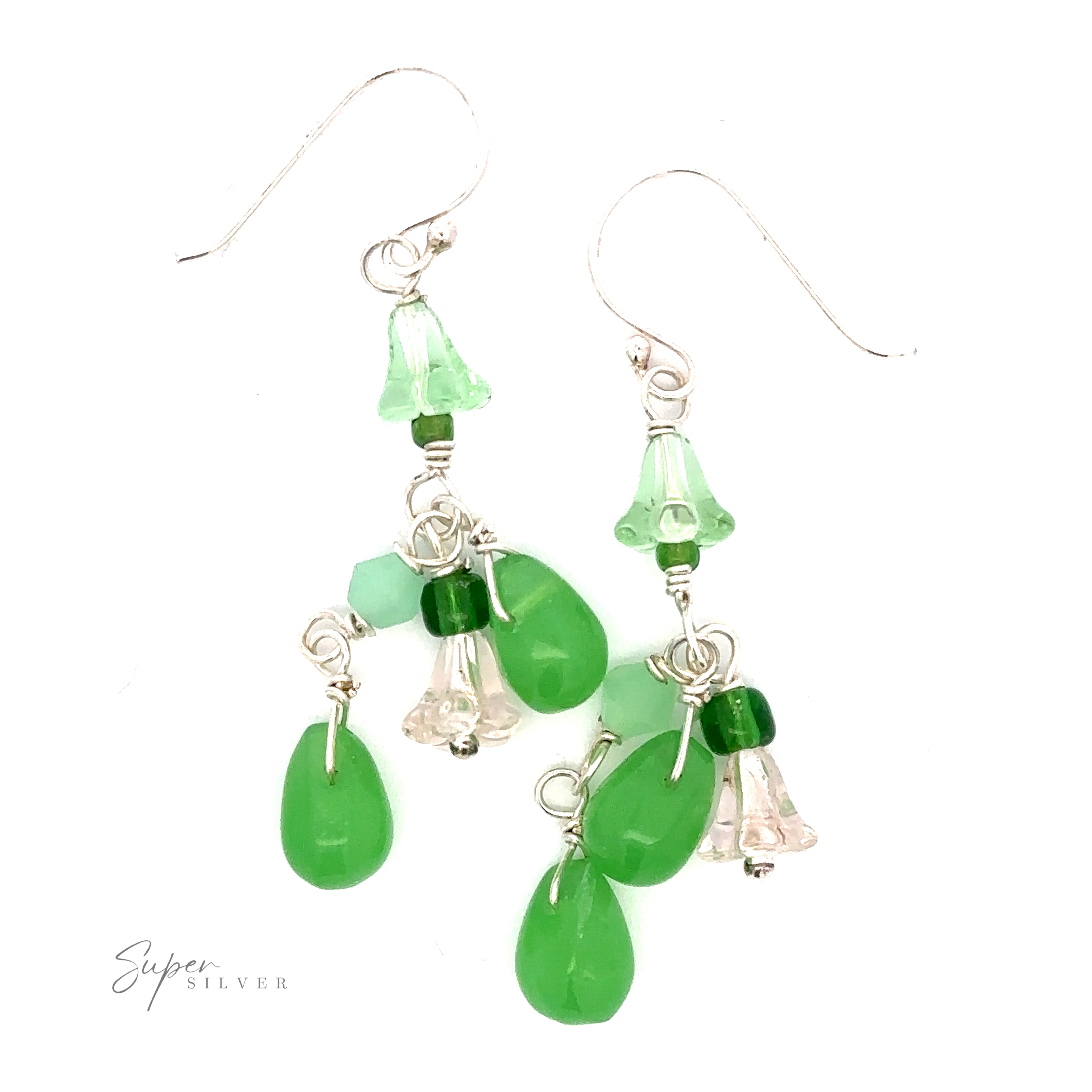 A pair of Playful Green Dangle Earrings featuring glass drops, .925 Sterling Silver wire elements, and translucent floral accents, displayed against a white background. The logo "Super Silver" is in the bottom left corner.