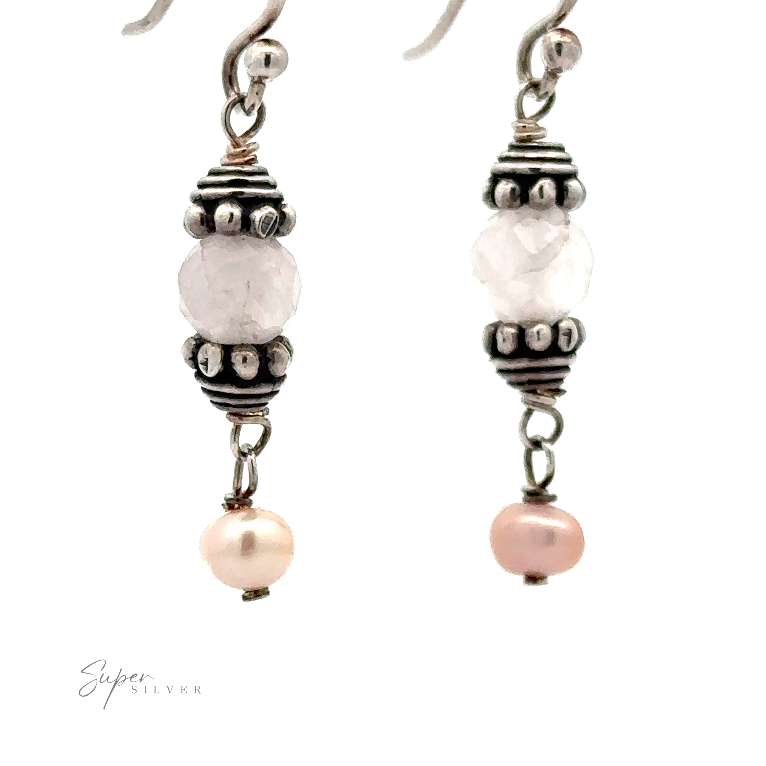 A pair of Beaded Pink and Pearl Earrings, featuring translucent faceted beads and small pink pearls at the bottom. The brand name "Super Silver" is visible in the lower-left corner.