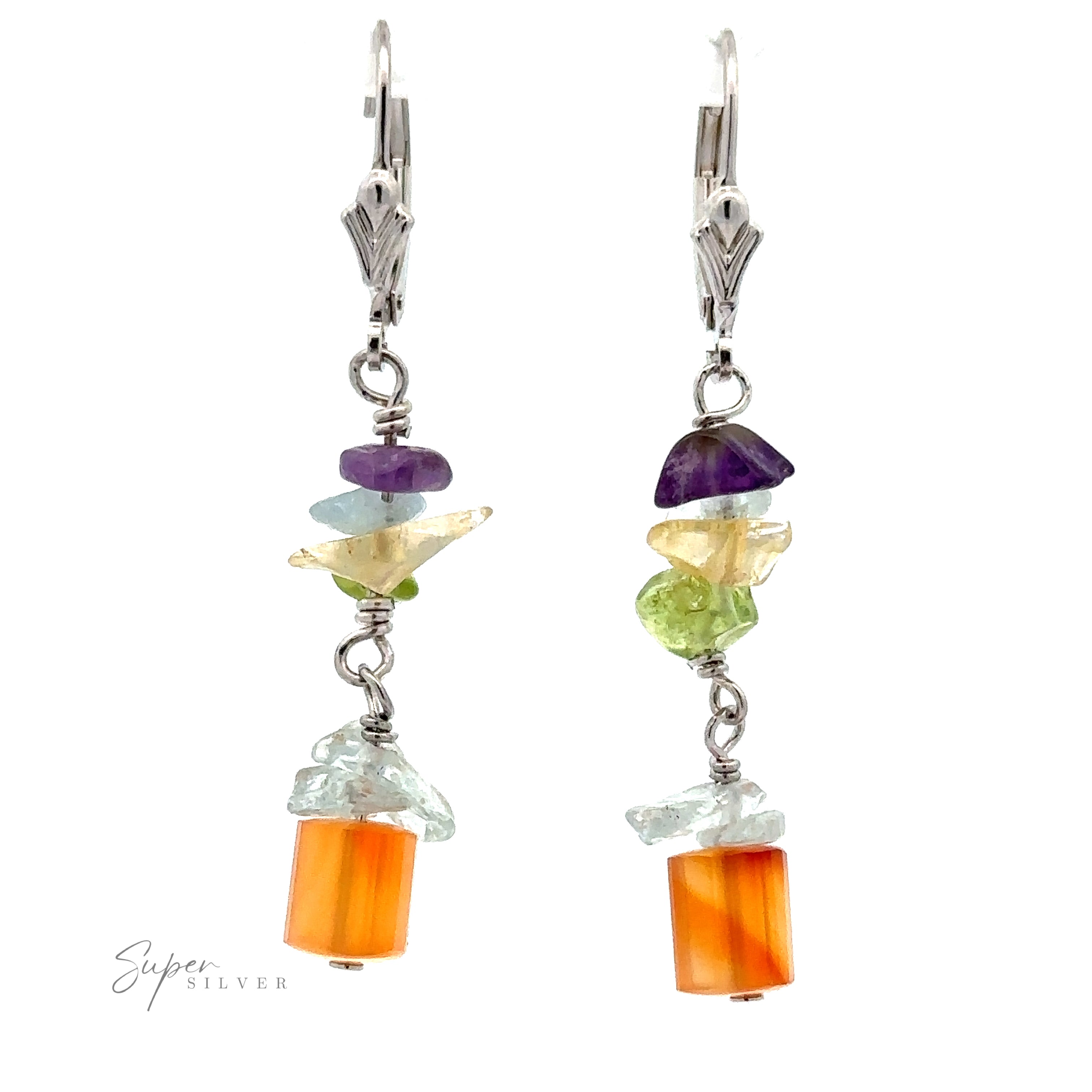 A pair of Beaded Multicolor Earrings featuring multicolored gemstone chips and orange cylindrical beads, connected by sterling silver hooks.