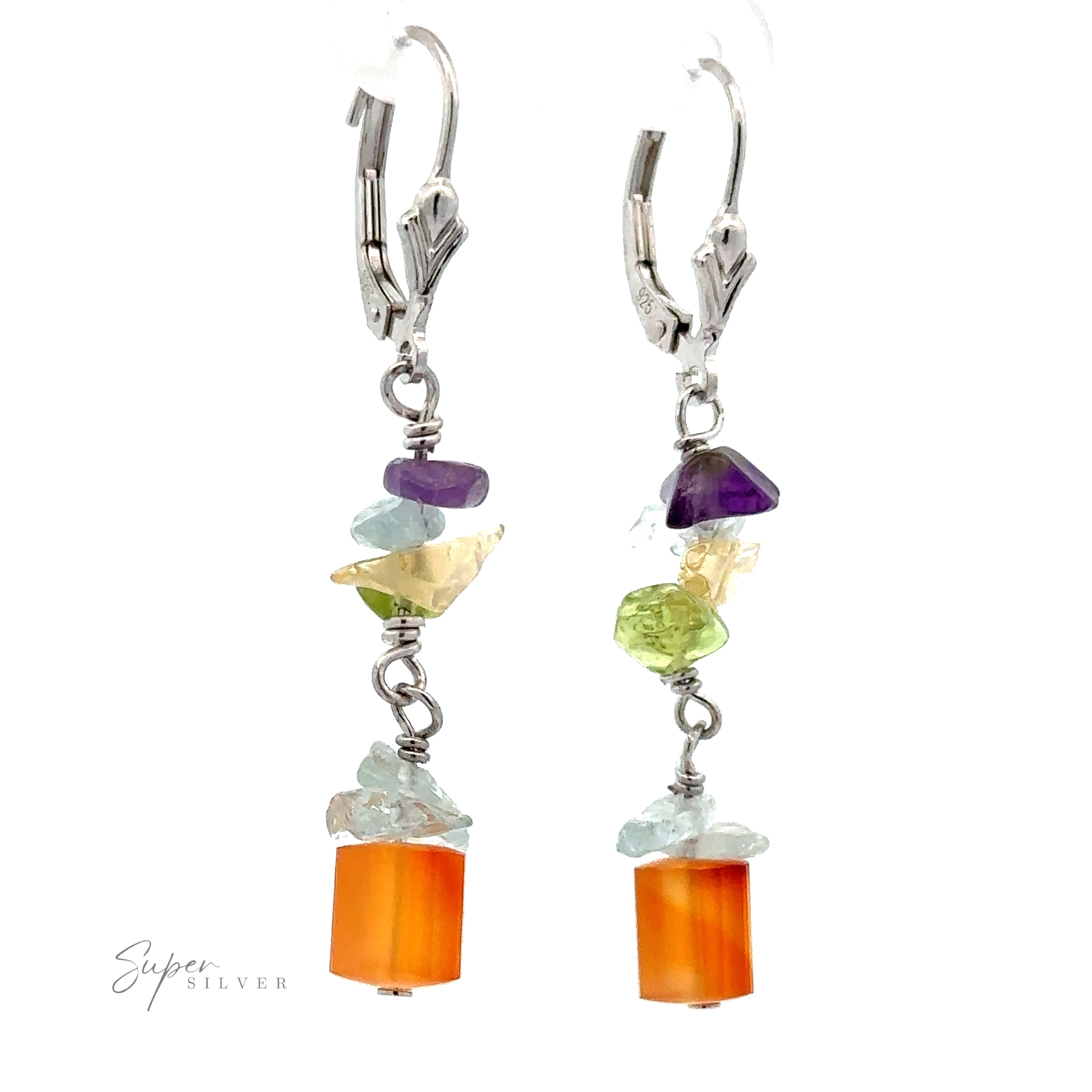 A pair of Beaded Multicolor Earrings with orange beads at the bottom, followed by clusters of multicolored stones in purple, green, and blue hues, and sterling silver clasps at the top.