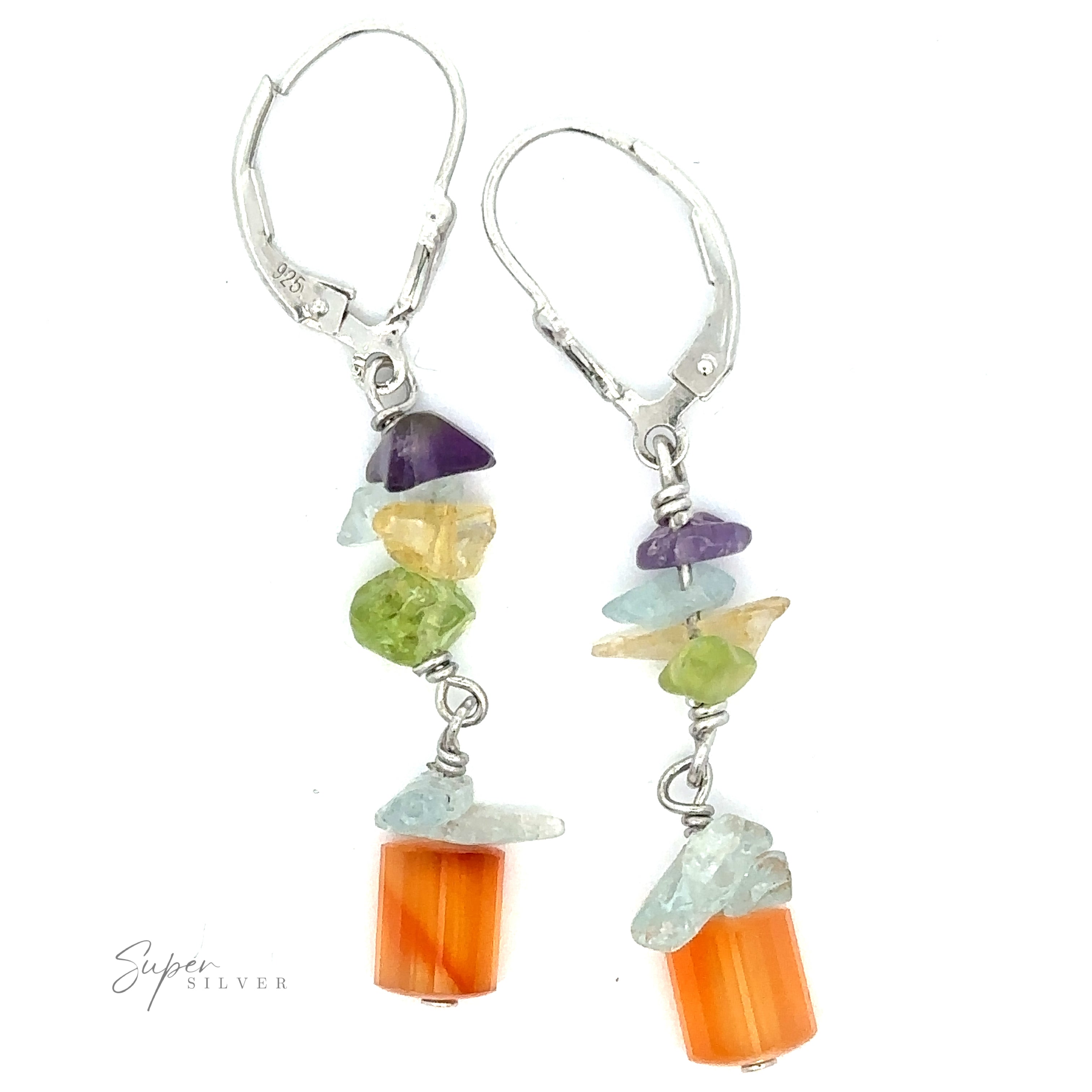 A pair of Beaded Multicolor Earrings featuring a mix of colorful stones, including orange, green, blue, and purple, attached to sterling silver hooks.