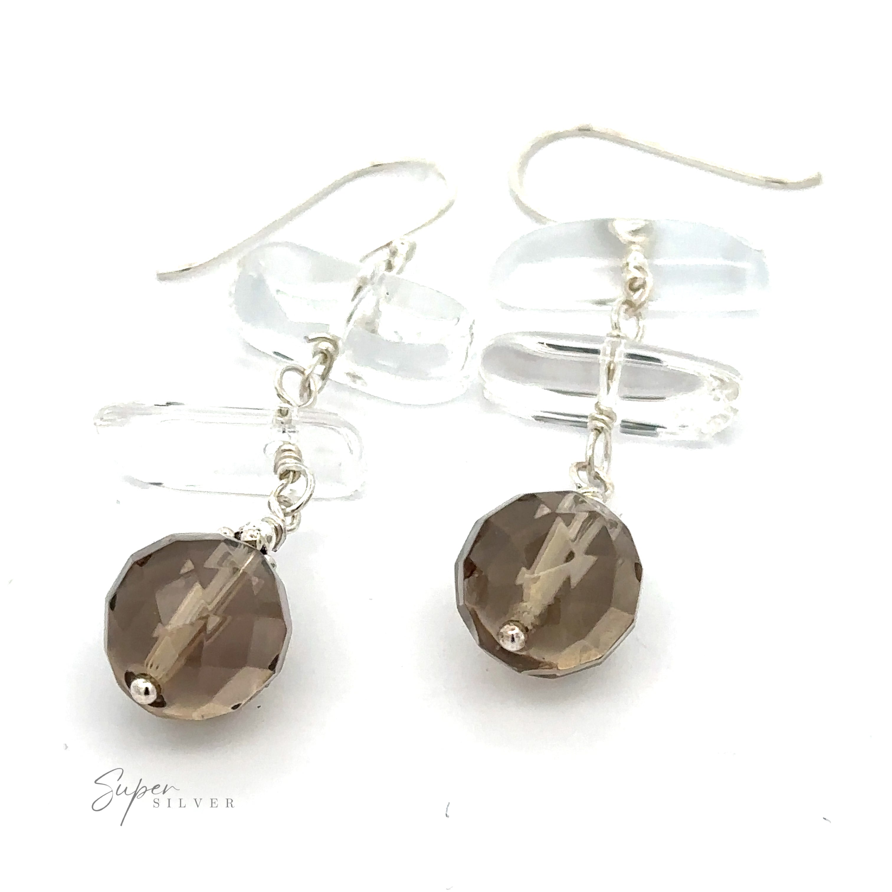 A pair of Earrings with Clear and Faceted Gray Beads. The hook-style earrings are displayed on a white background, with the "Super Silver" logo visible in the bottom left corner.