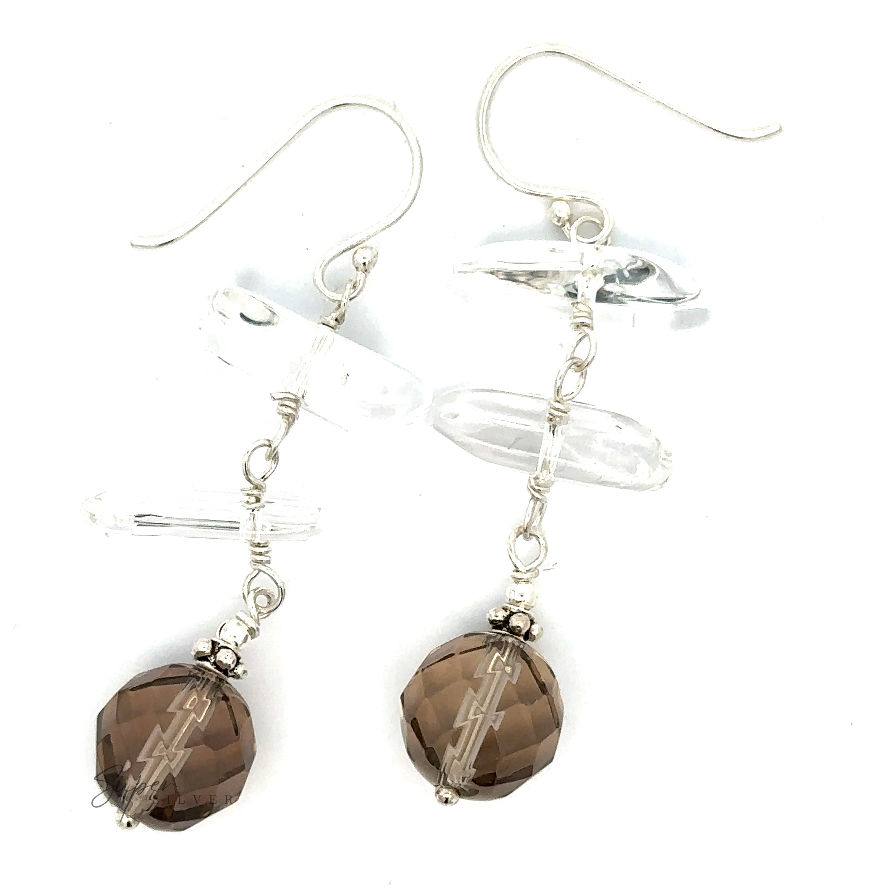 Earrings with Clear and Faceted Gray Beads, featuring sterling silver hooks and intricate wirework.