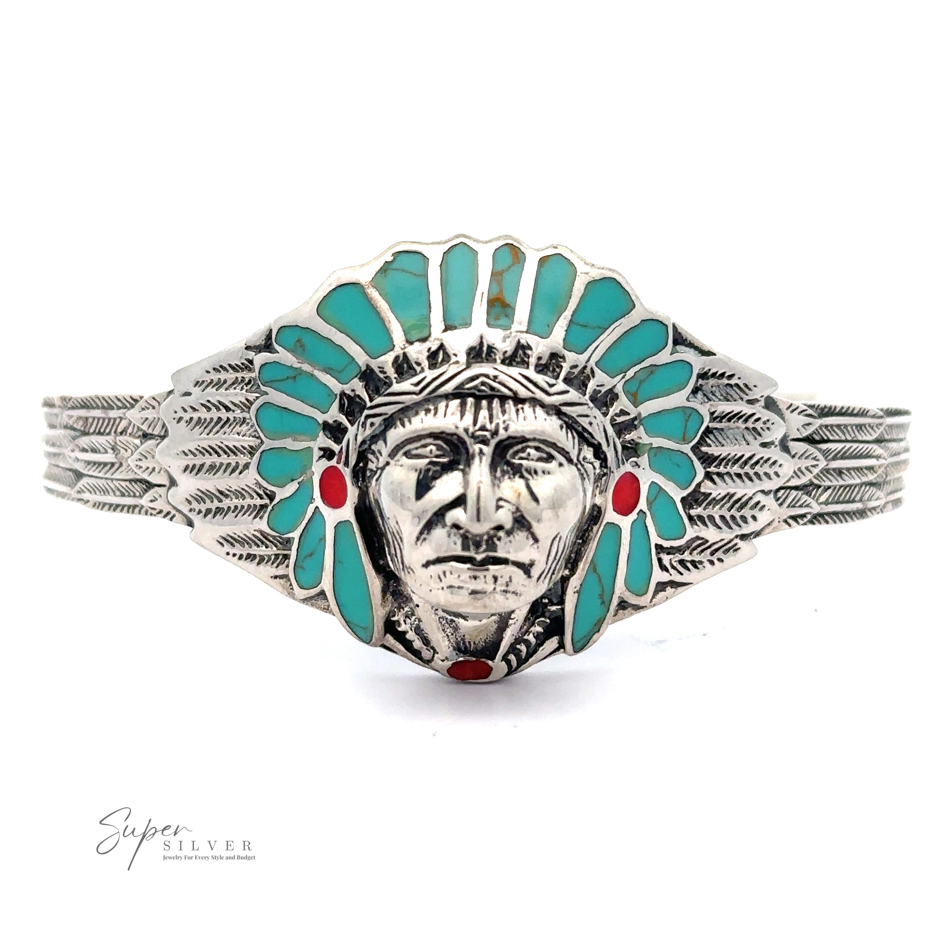 Silver bracelet with a turquoise and red enamel design featuring a detailed face and headdress motif, inspired by Native American heritage. The Chief Head Inlay Stone Cuff reads "Super Silver" on the bottom left.