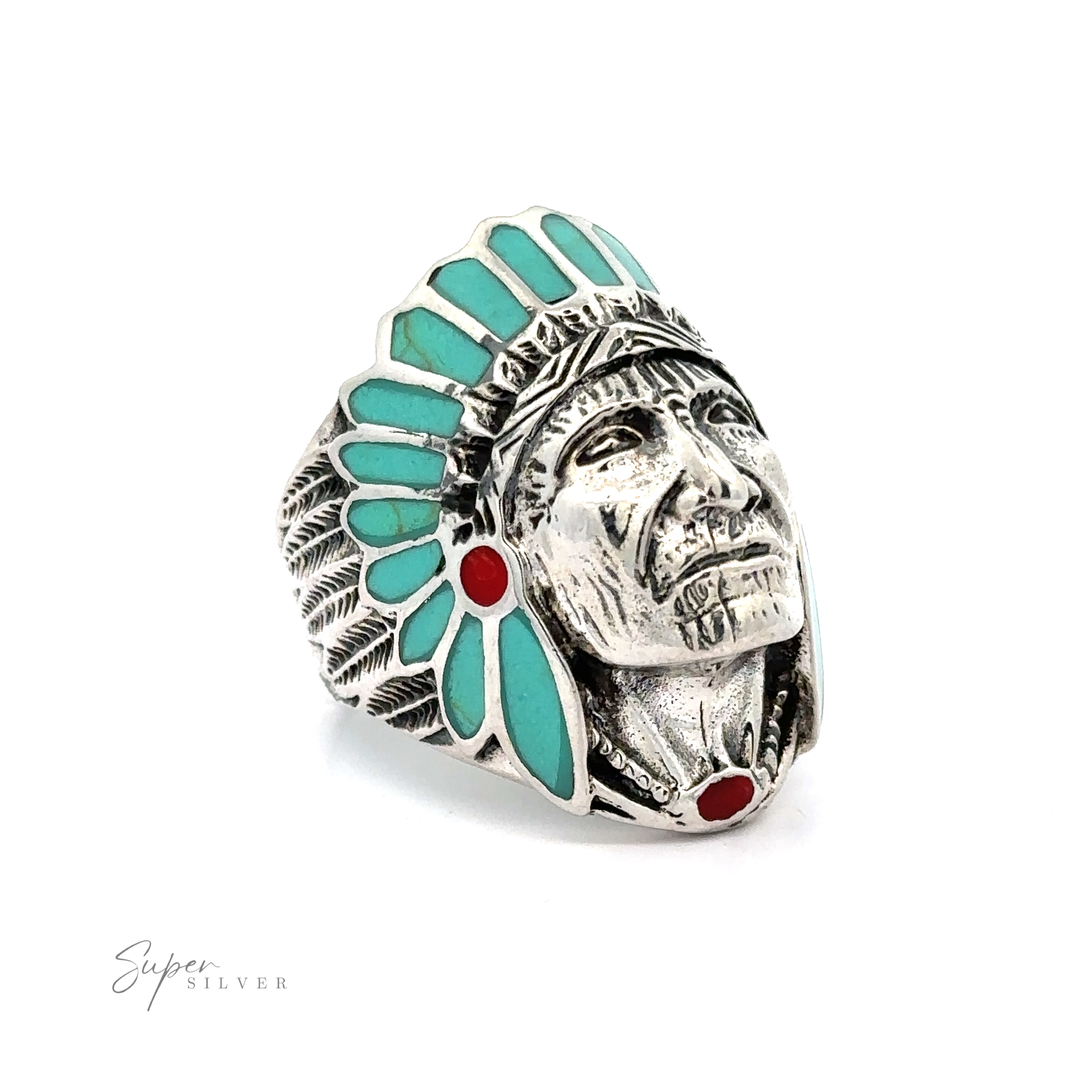 A Native American-inspired Stately Chief Head Ring With Inlay Stones.