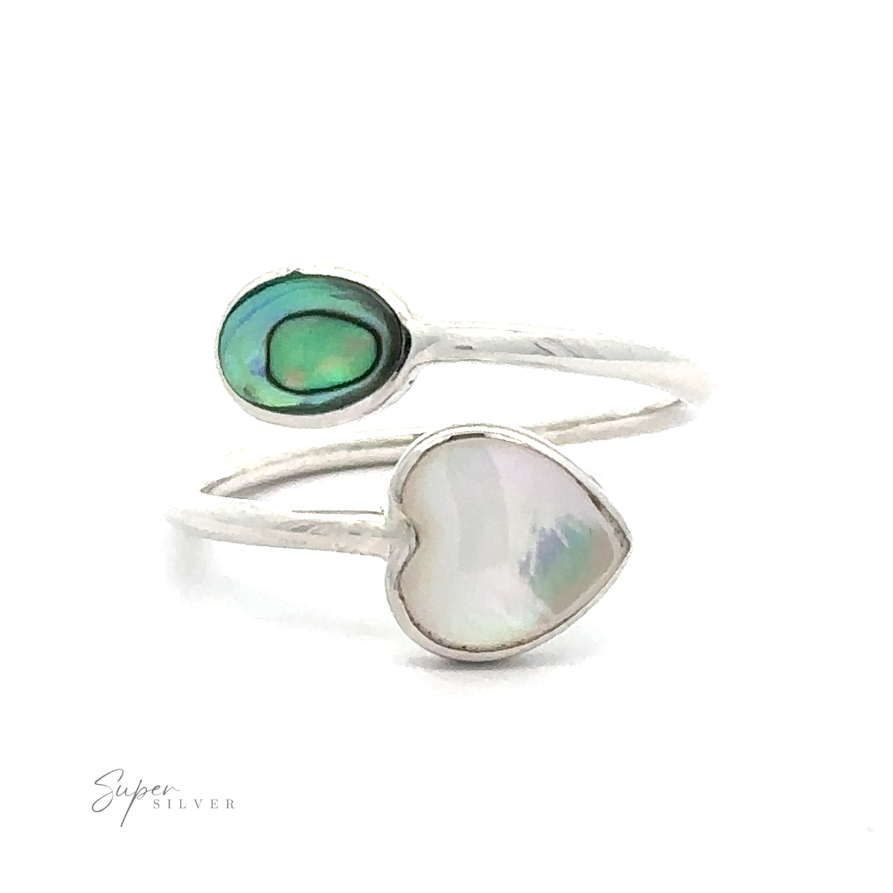 Two Adjustable Inlay Stone Heart Rings with Abalone and Mother of Pearl, on a white background.