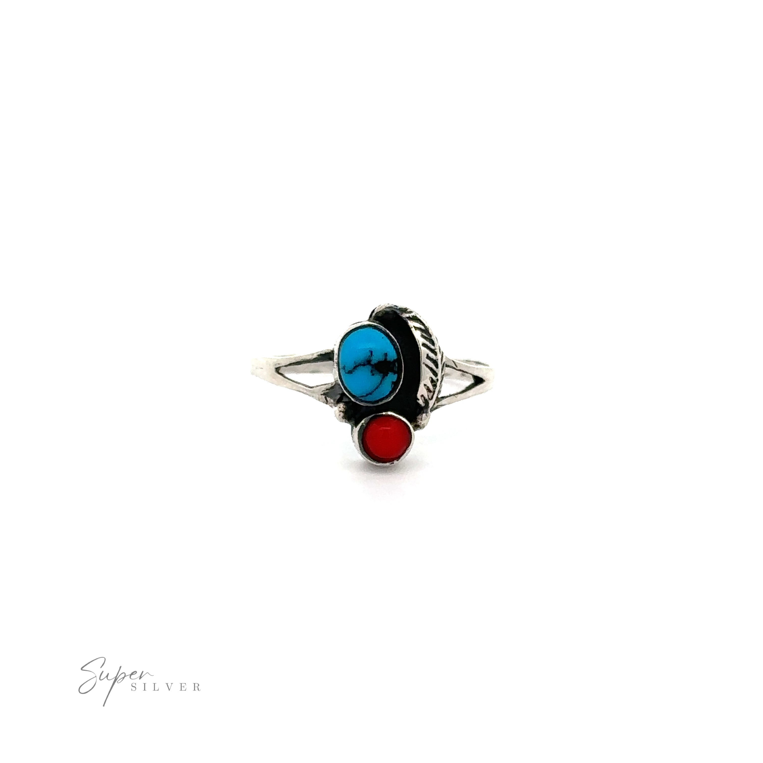 A Stone and Feather Ring with inlaid blue and red stones.
