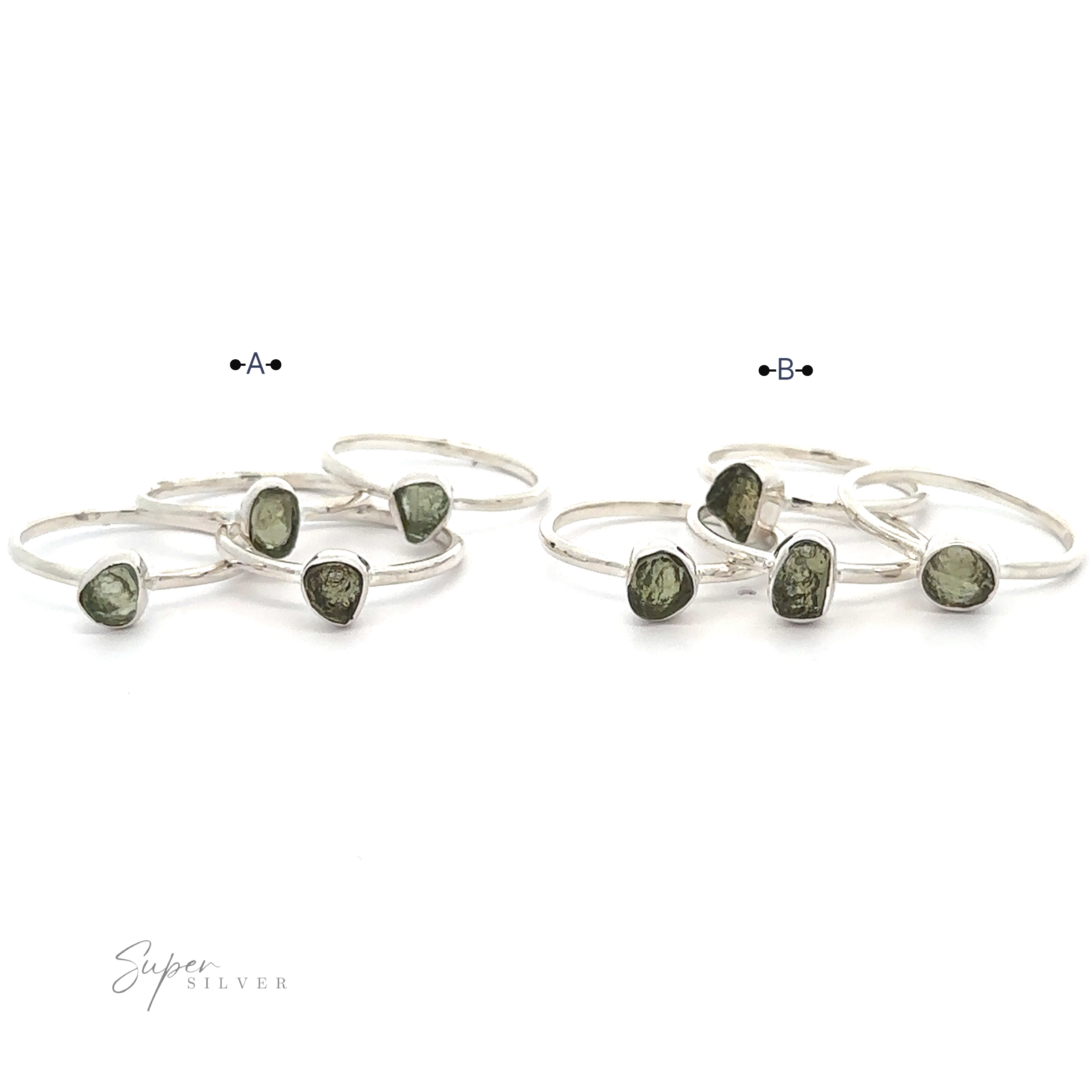 A set of sterling silver rings with Raw Moldavite gemstones, labeled A and B, displayed on a white background.
