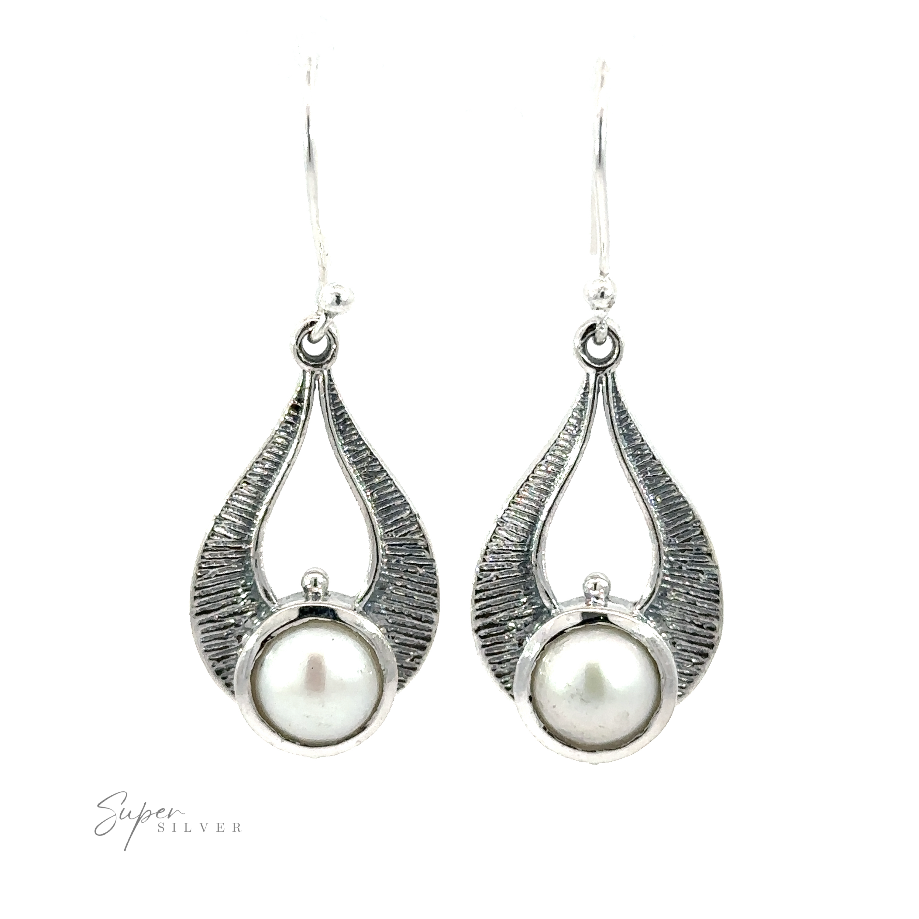 A pair of Winged Gemstone Earrings with a textured silver design, featuring round white pearls in the center. The brand name "Super Silver" is visible in the lower-left corner, accentuating these elegant earrings.