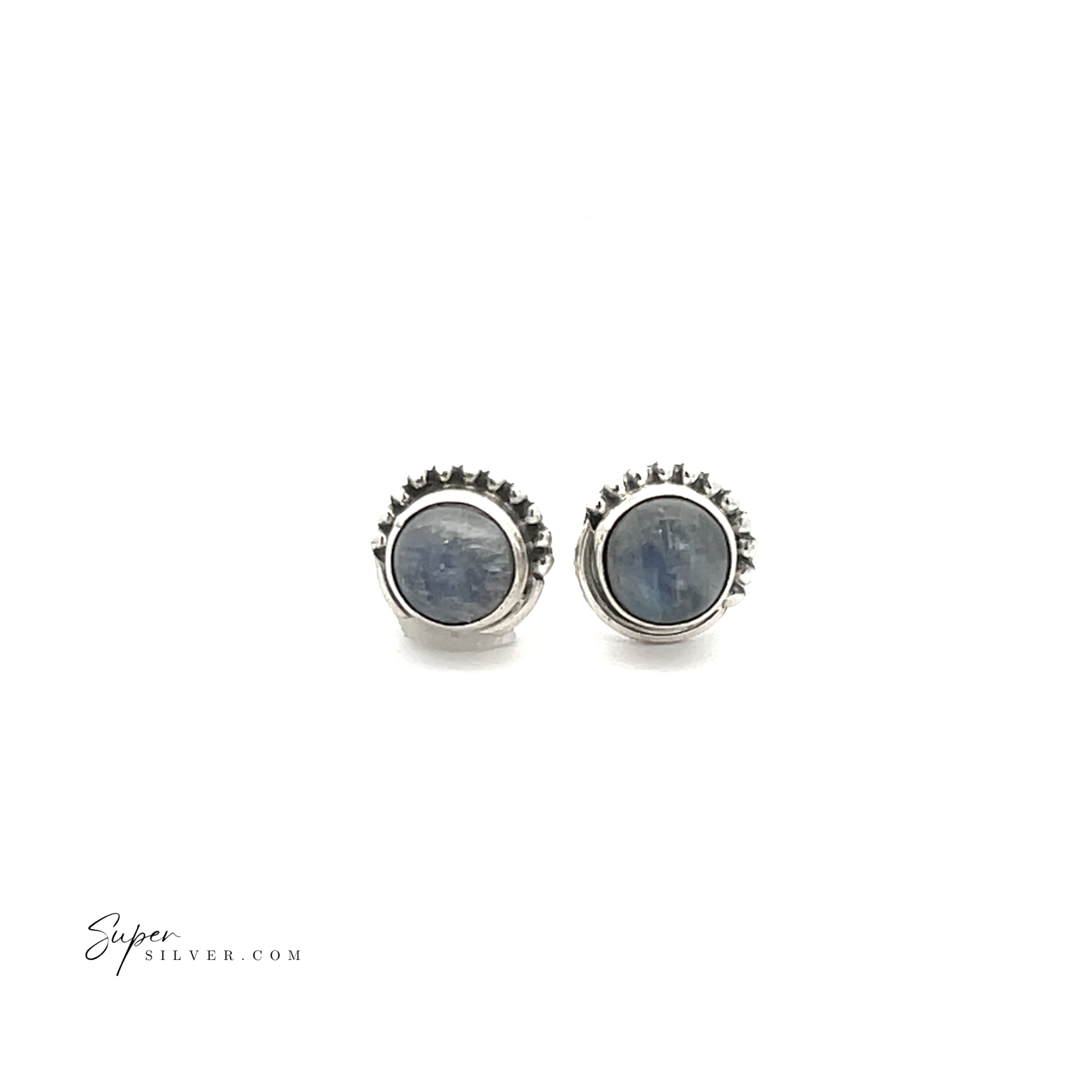 A pair of 5mm Gemstone Studs With Half Bead Design in sterling silver features bezel-set blue gemstone centers and decorative half bead edges, shown on a white background.