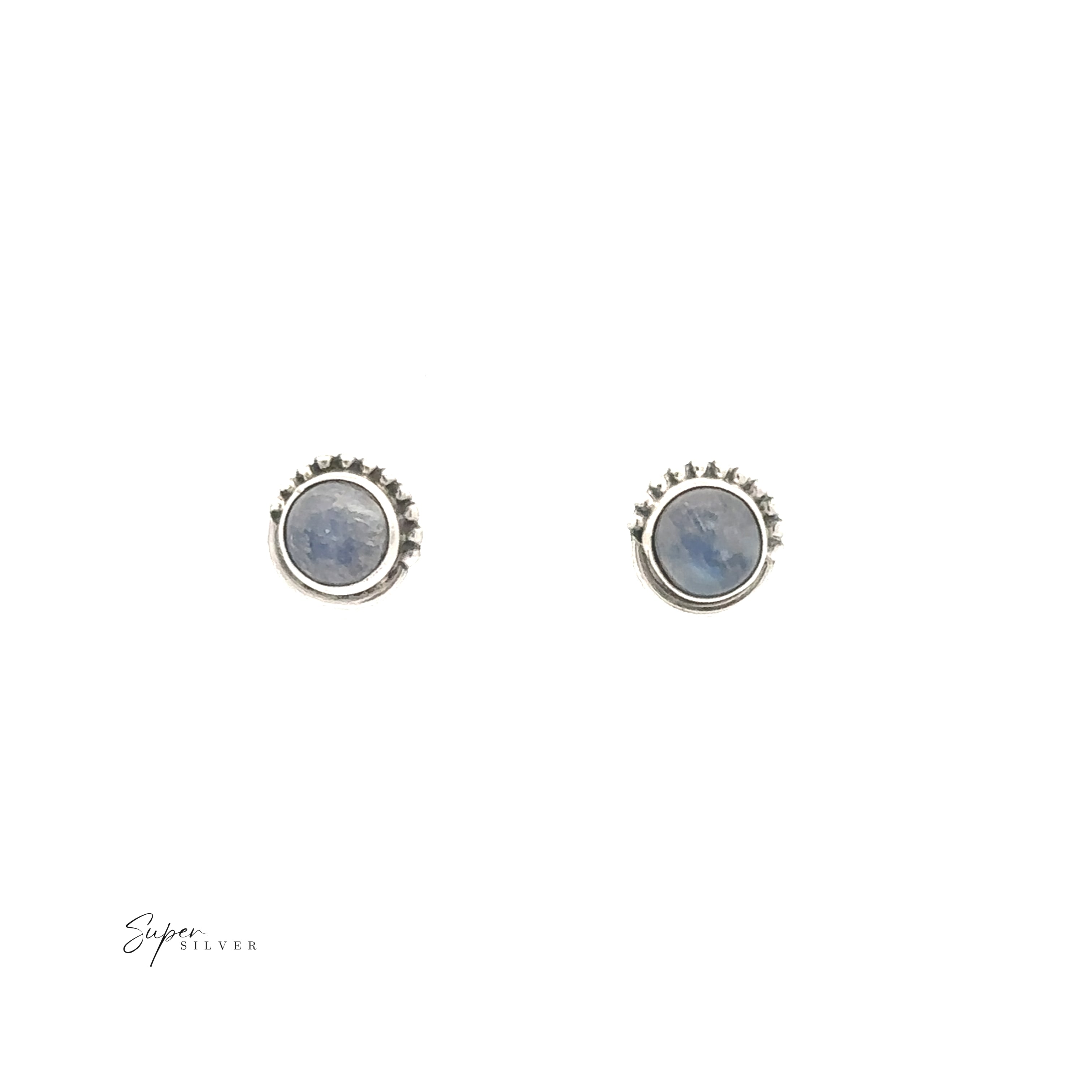 5mm Gemstone Studs With Half Bead Design: round sterling silver earrings with blue gemstone centers and a beaded edge, shown on a white background.