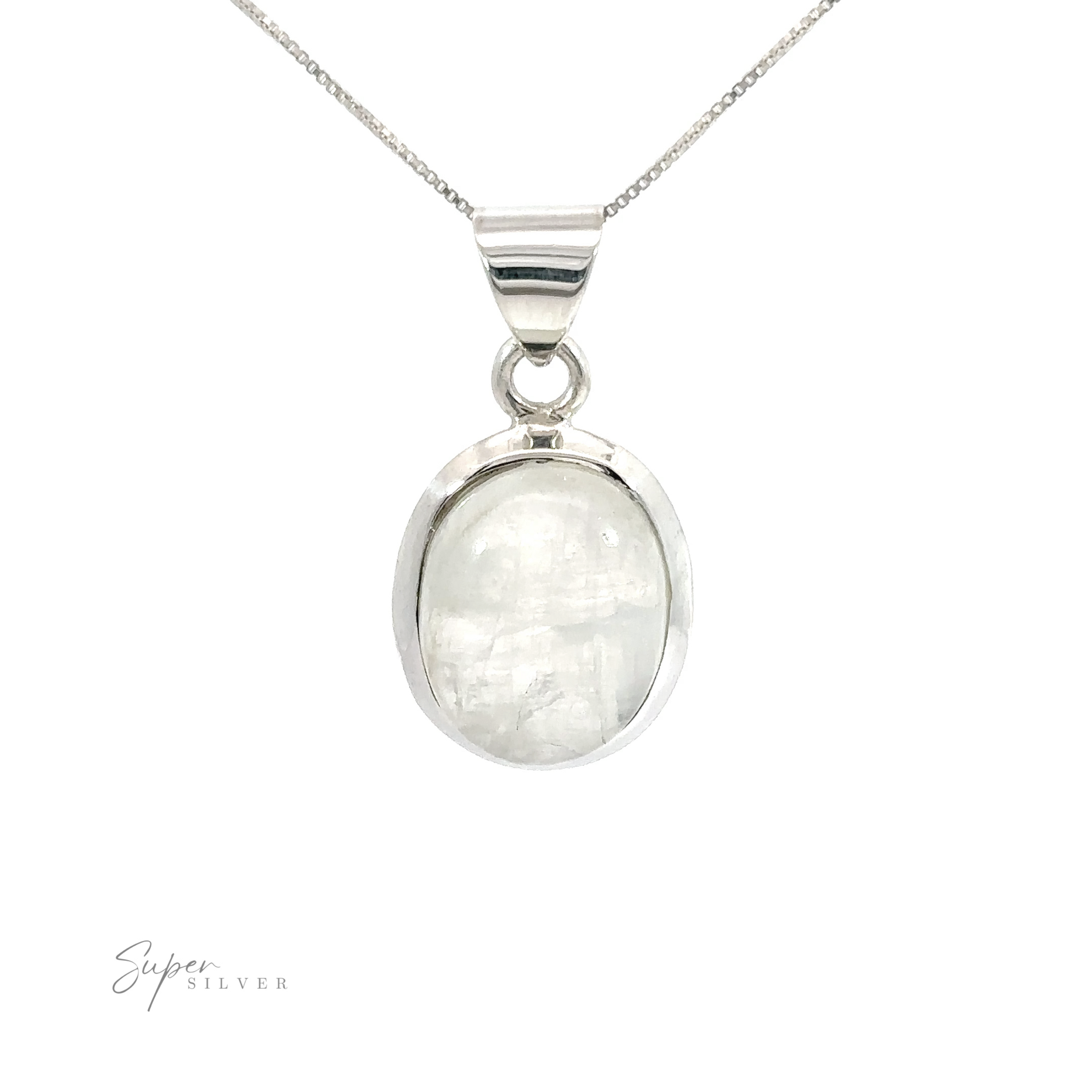Simple Moonstone Oval Pendant featuring a unique oval moonstone, displayed against a plain white background, signed ".925 Sterling Silver" at the bottom.