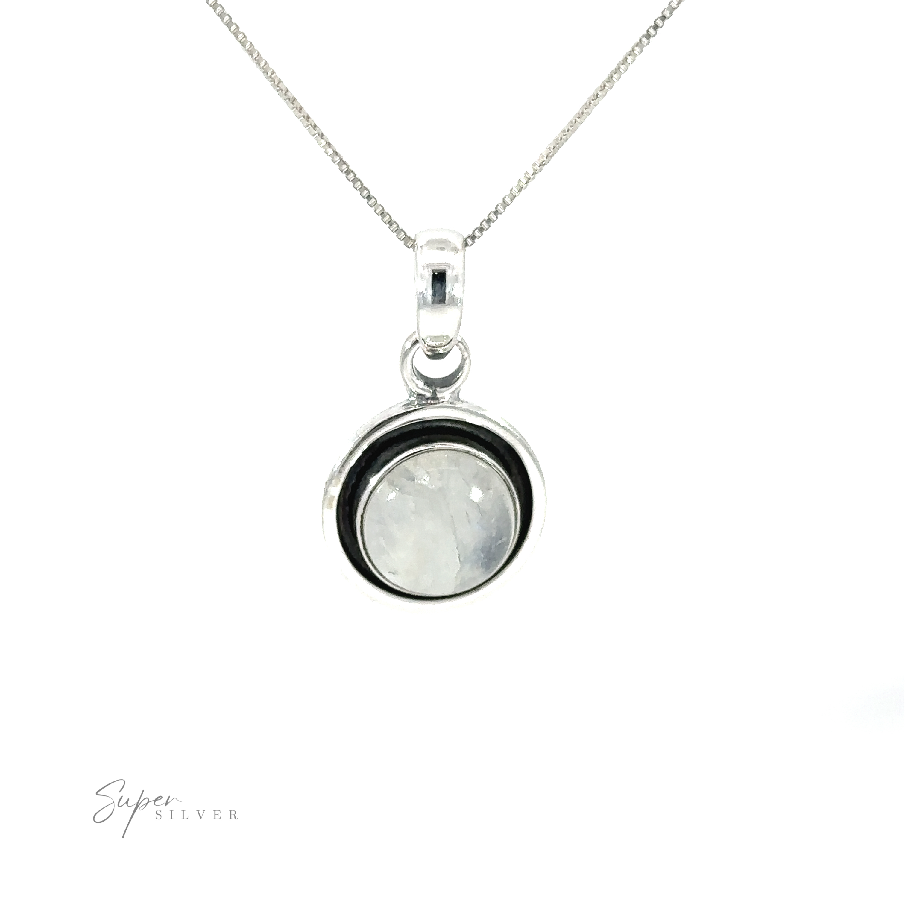 A contemporary flair Minimalist Round Gemstone pendant on a silver chain.