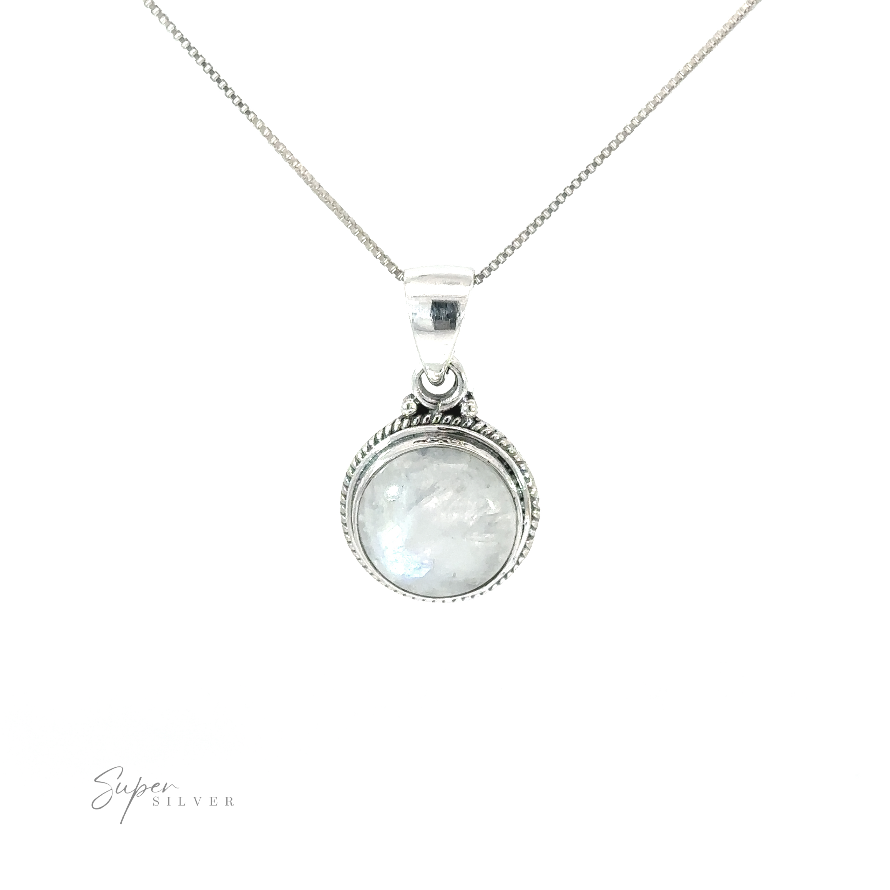 A Round Stone Pendant with Rope Border on a silver chain with a white moonstone.