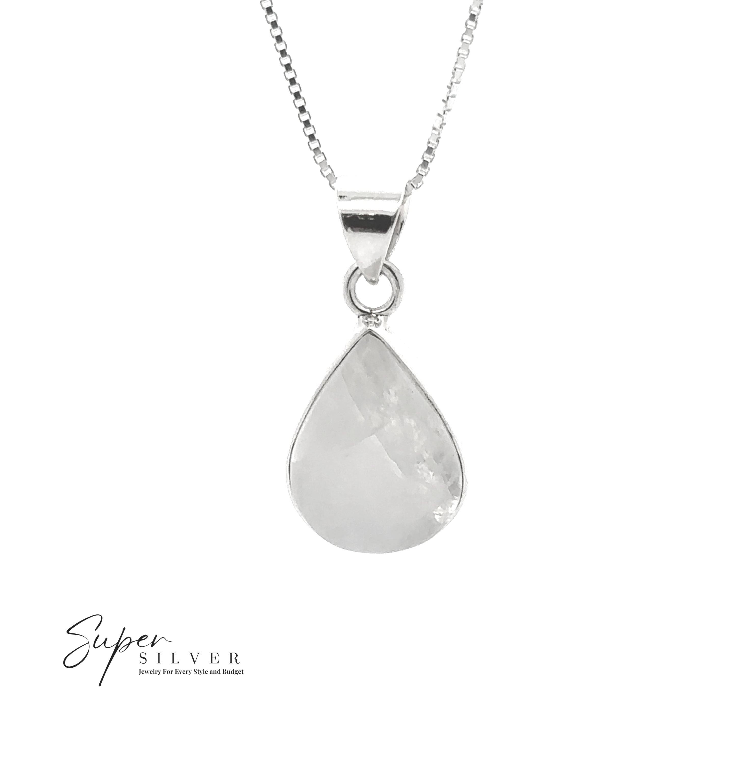 The Simple Teardrop Moonstone Pendant features a sterling silver chain and a teardrop-shaped moonstone, shown on a plain white background with the "Super Silver" logo in the corner, radiating mystical energy.