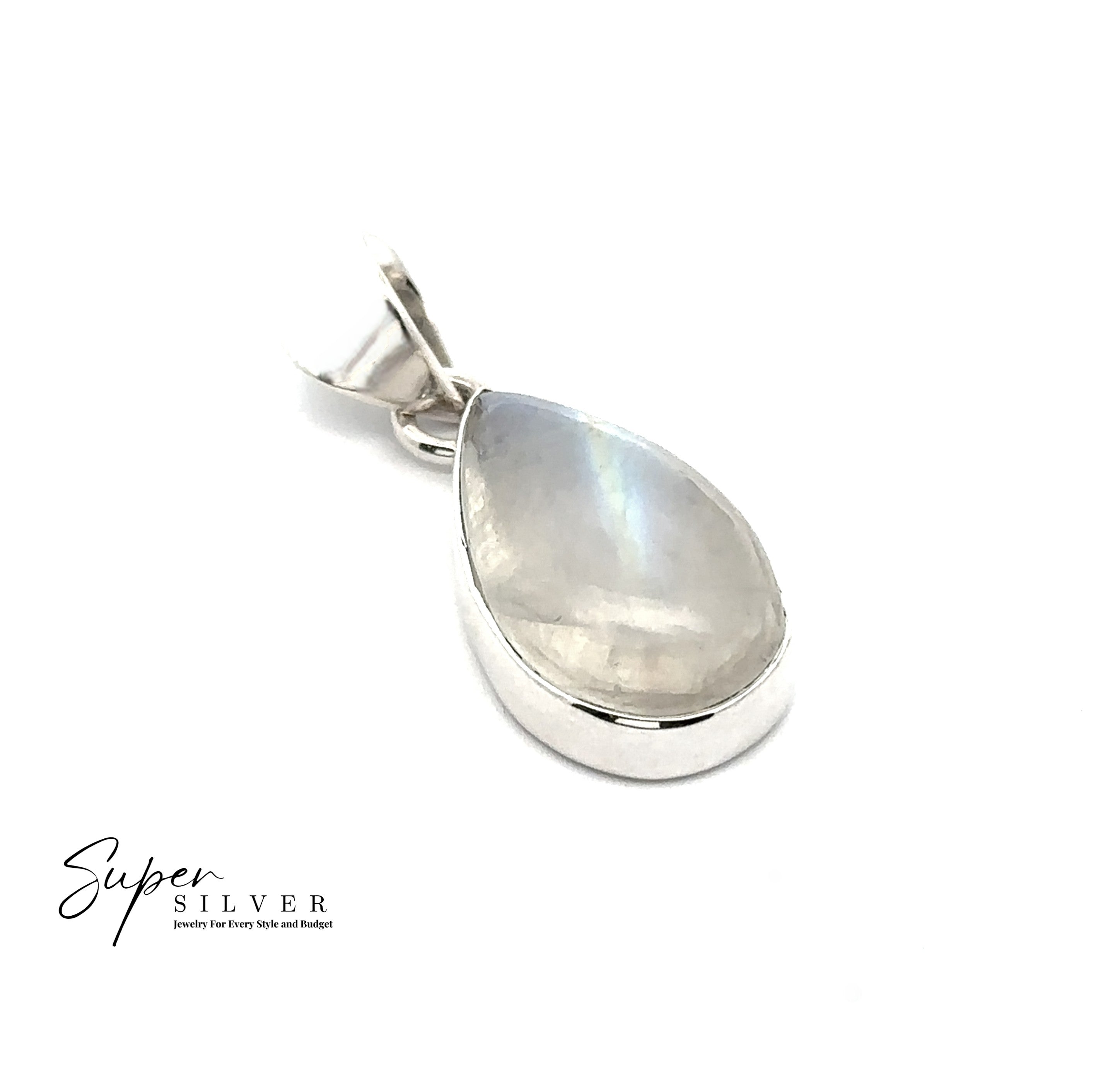 The Simple Teardrop Moonstone Pendant features a teardrop-shaped moonstone set in sterling silver with a polished bail, shown on a white background. The "Super Silver" logo appears in the lower left, emphasizing its mystical energy.