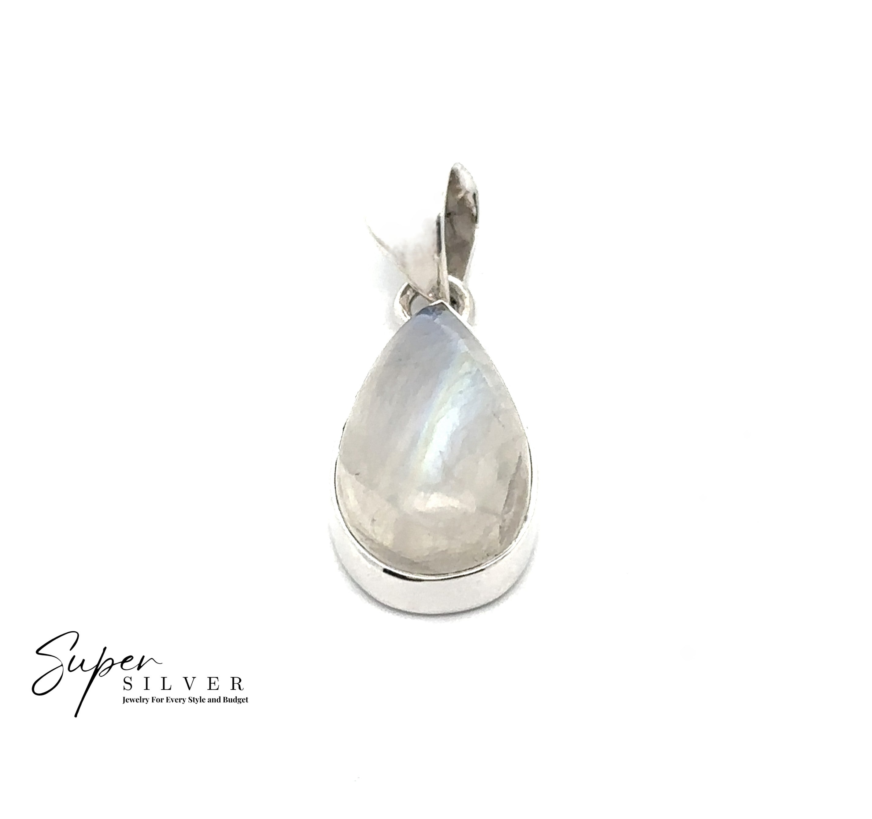 The Simple Teardrop Moonstone Pendant features a polished sterling silver setting and teardrop-shaped moonstone, shown on a white background with the Super Silver logo in the corner.