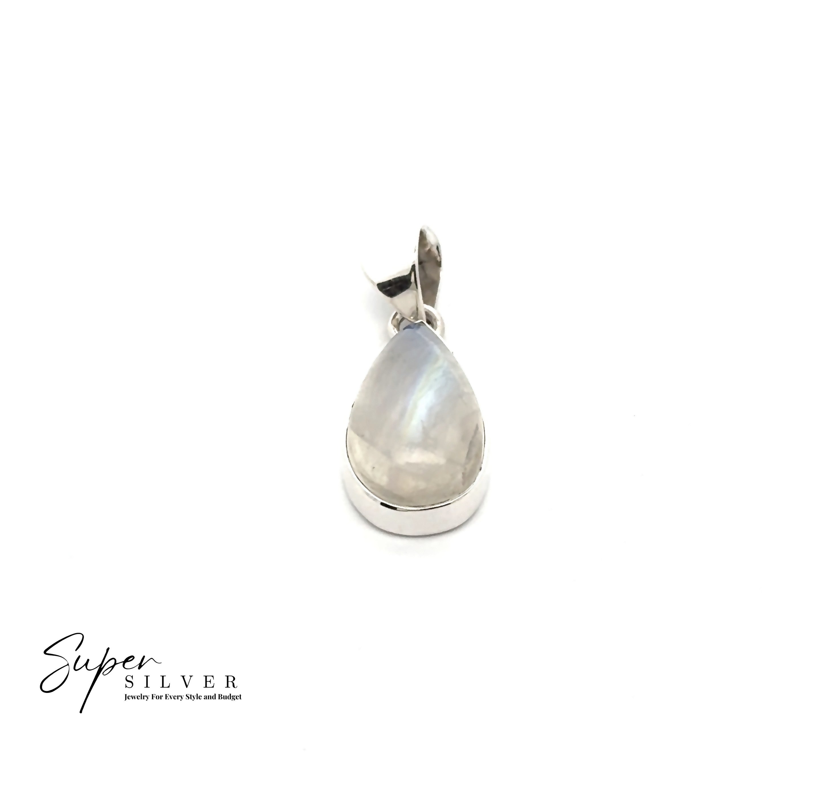The Simple Teardrop Moonstone Pendant features a teardrop-shaped moonstone set in sterling silver with a bail, showcased on a white background. The "Super Silver" logo appears in the lower left corner.