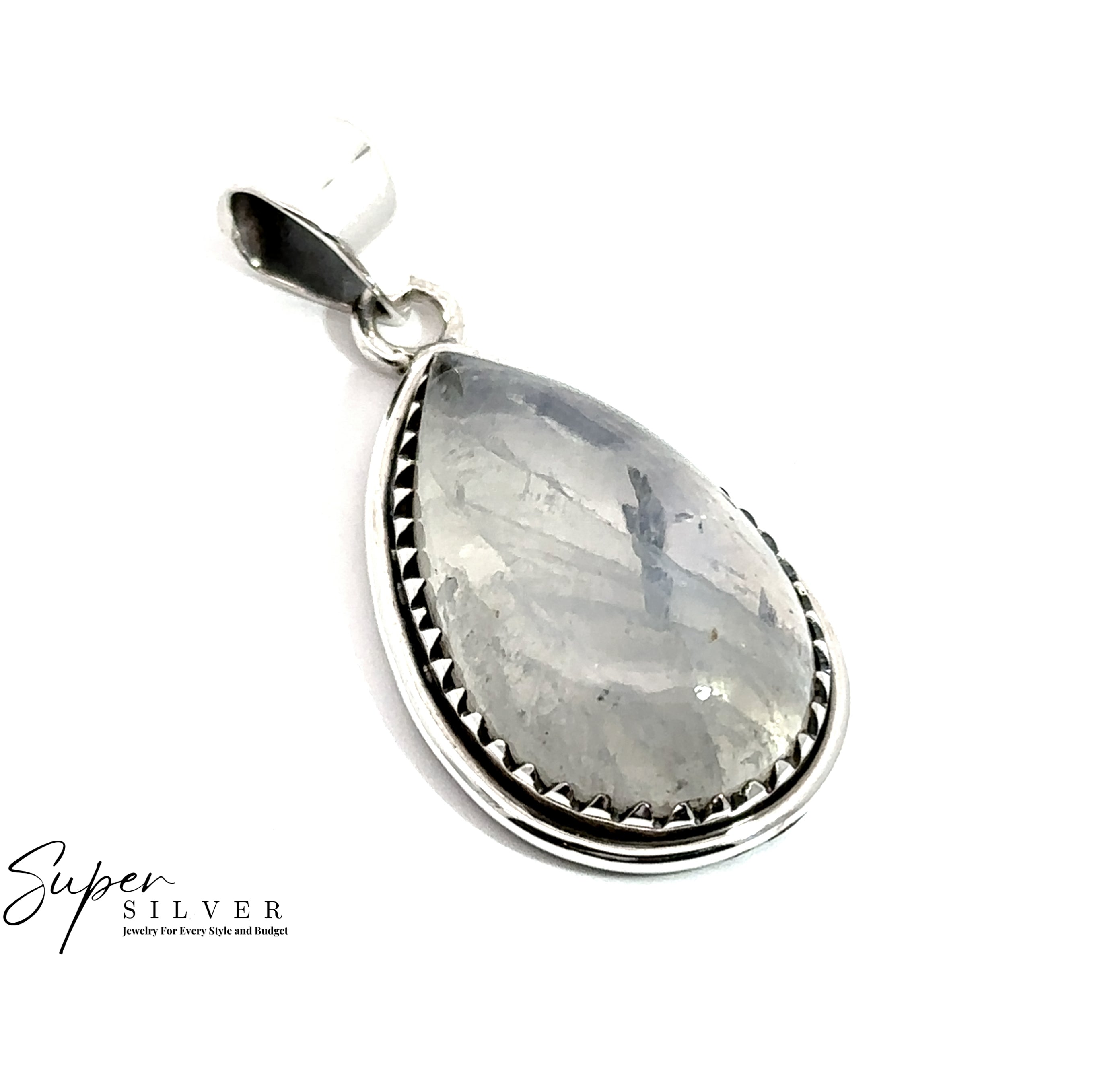 The Teardrop Moonstone Pendant features a boho-style teardrop moonstone set in a sterling silver bezel with decorative edging, photographed on white with the "Super Silver" logo in the lower left corner.