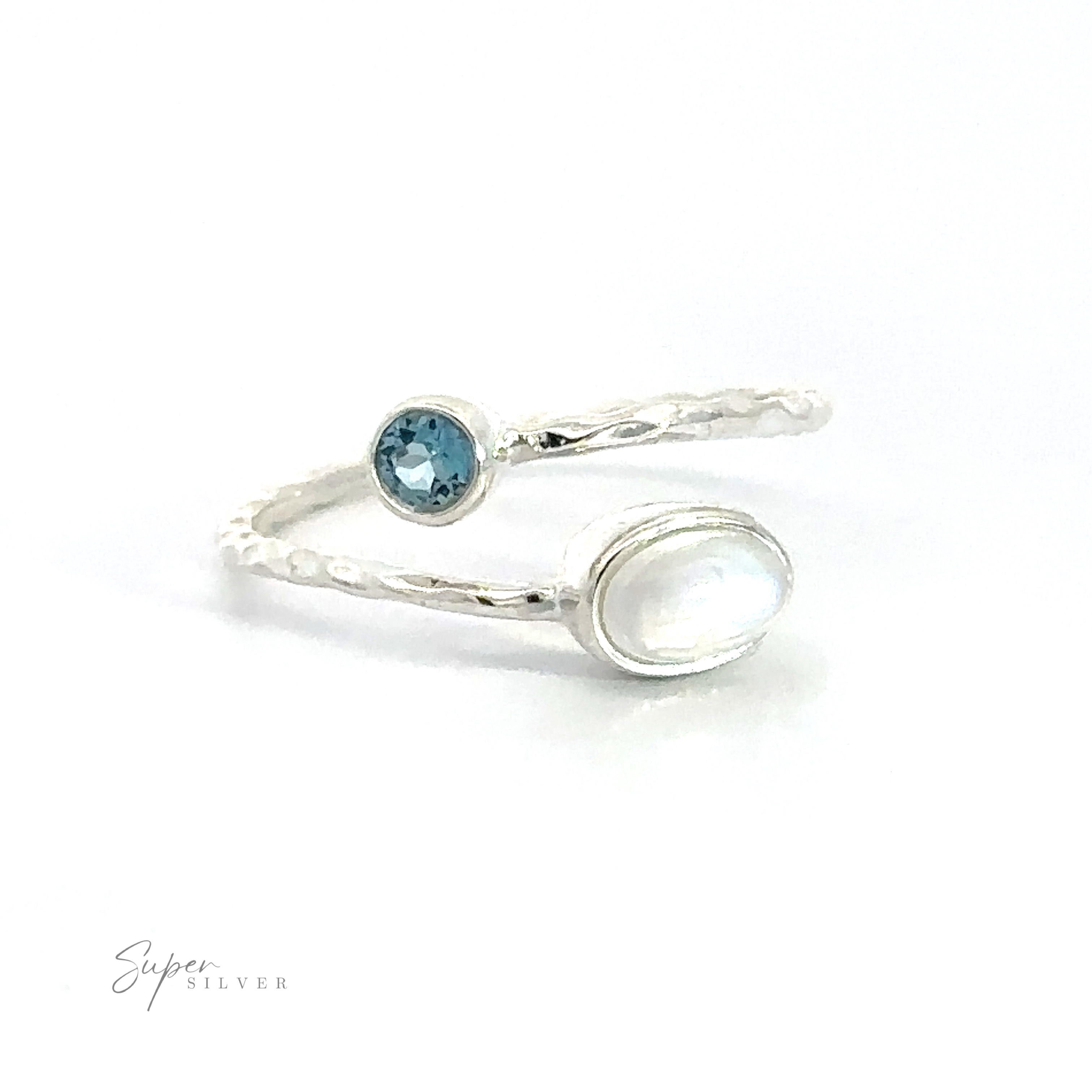 Textured Adjustable Band with Adorned Gemstones with a blue and a white gemstone on a white background.