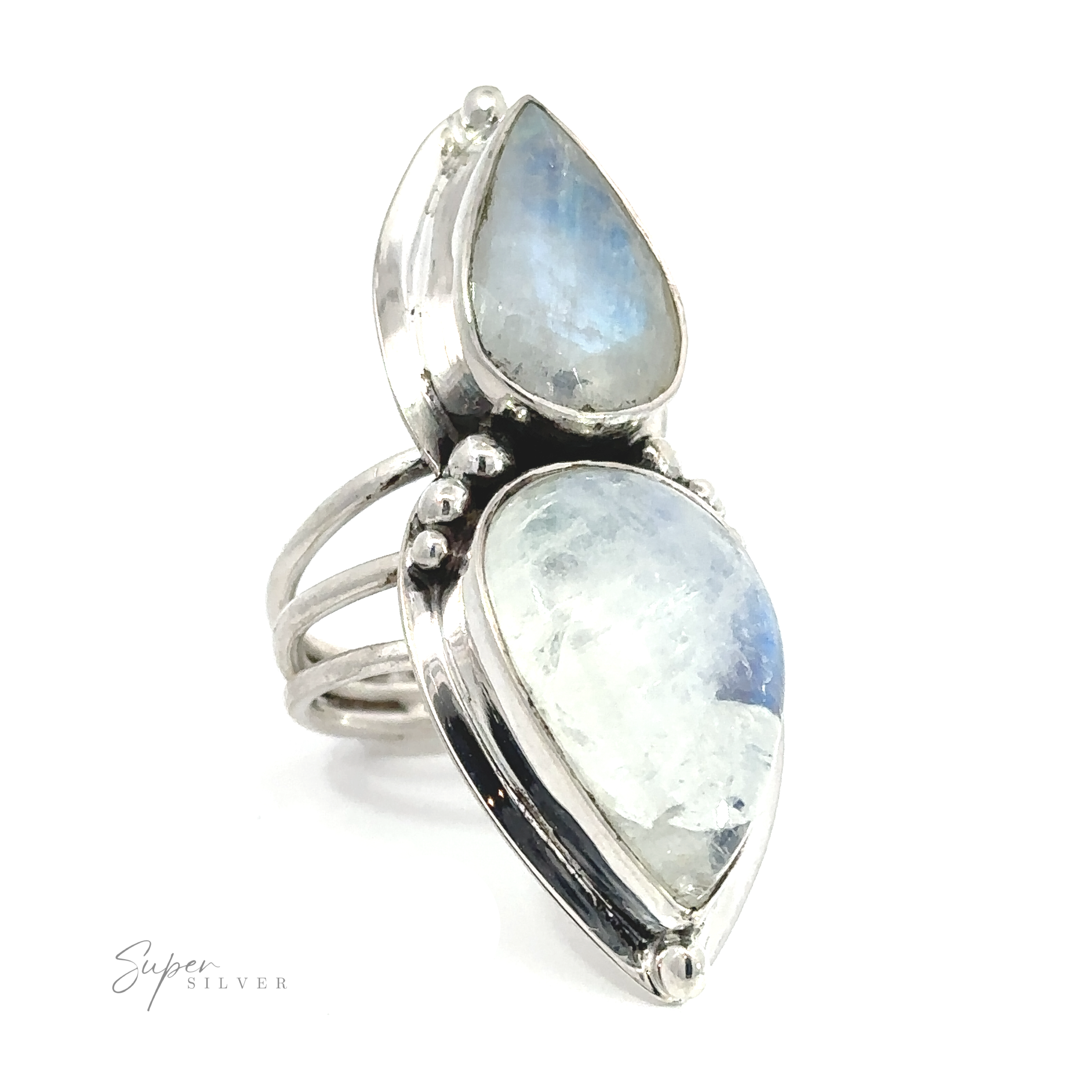 A Statement Teardrop Moonstone Ring with two moonstones.
