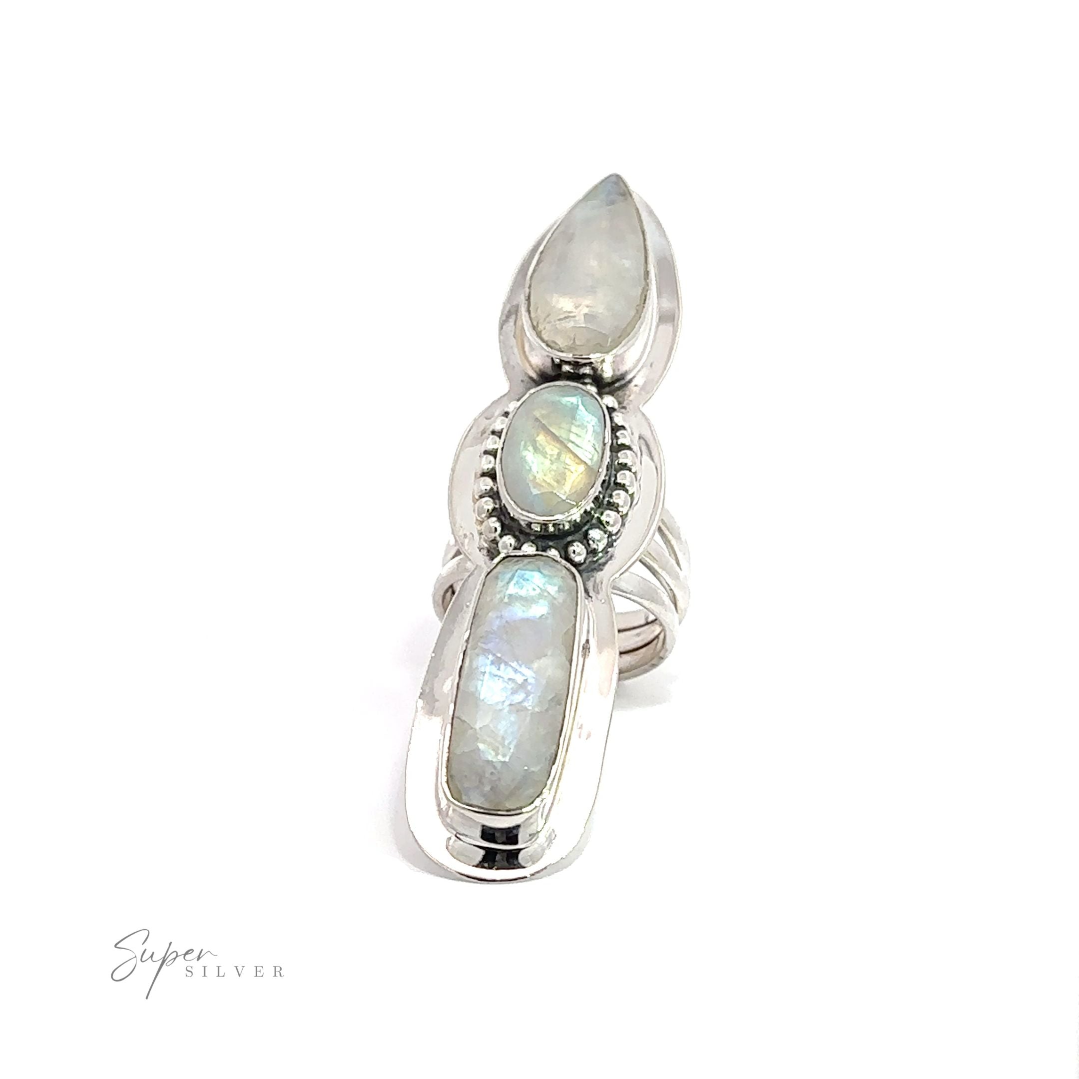 Description: A silver Statement Faceted Moonstone Ring adorned with three stones.
