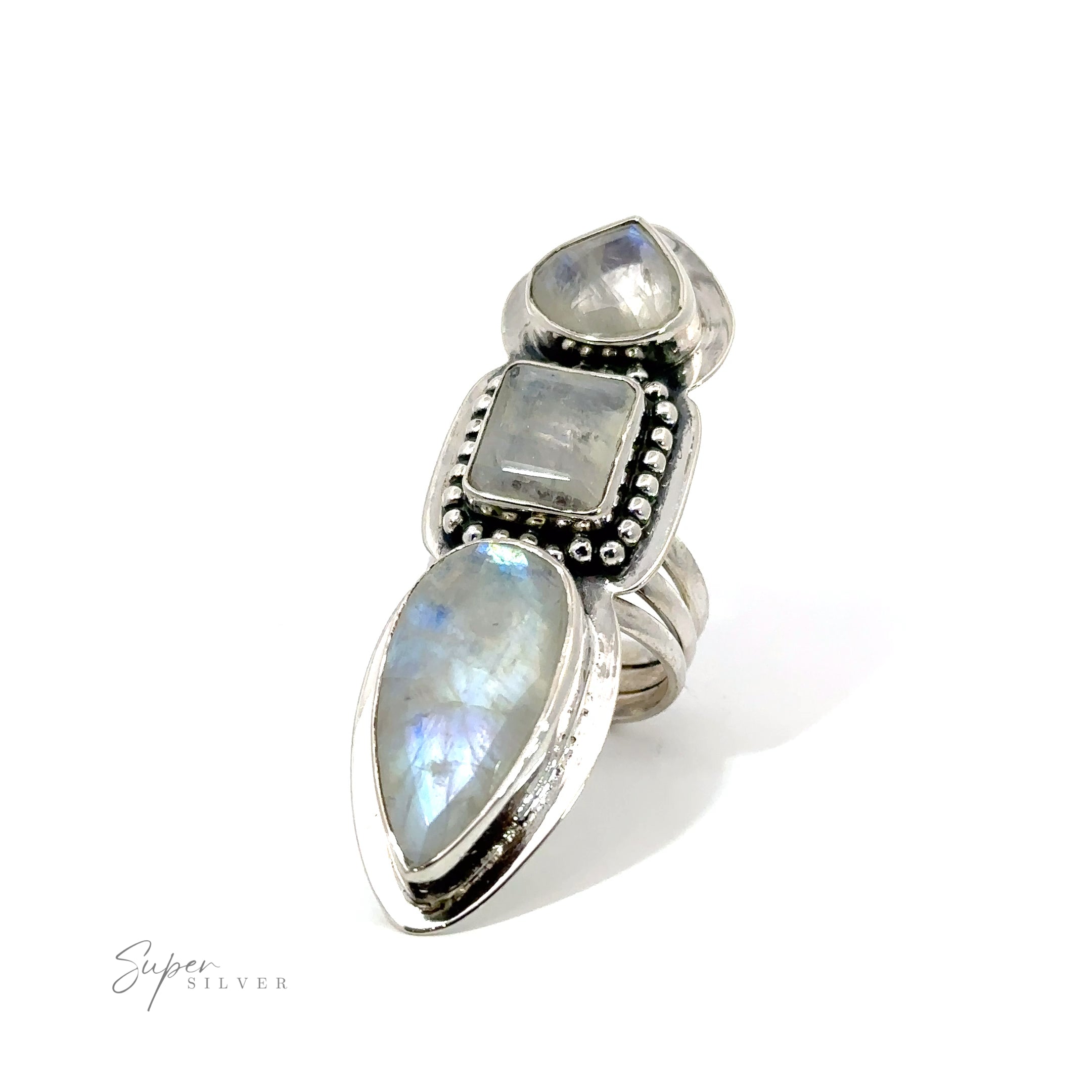 A silver Statement Faceted Moonstone Ring, including a laptop sleeve for added functionality. The adjustable straps ensure a comfortable fit, making this ring an essential accessory.