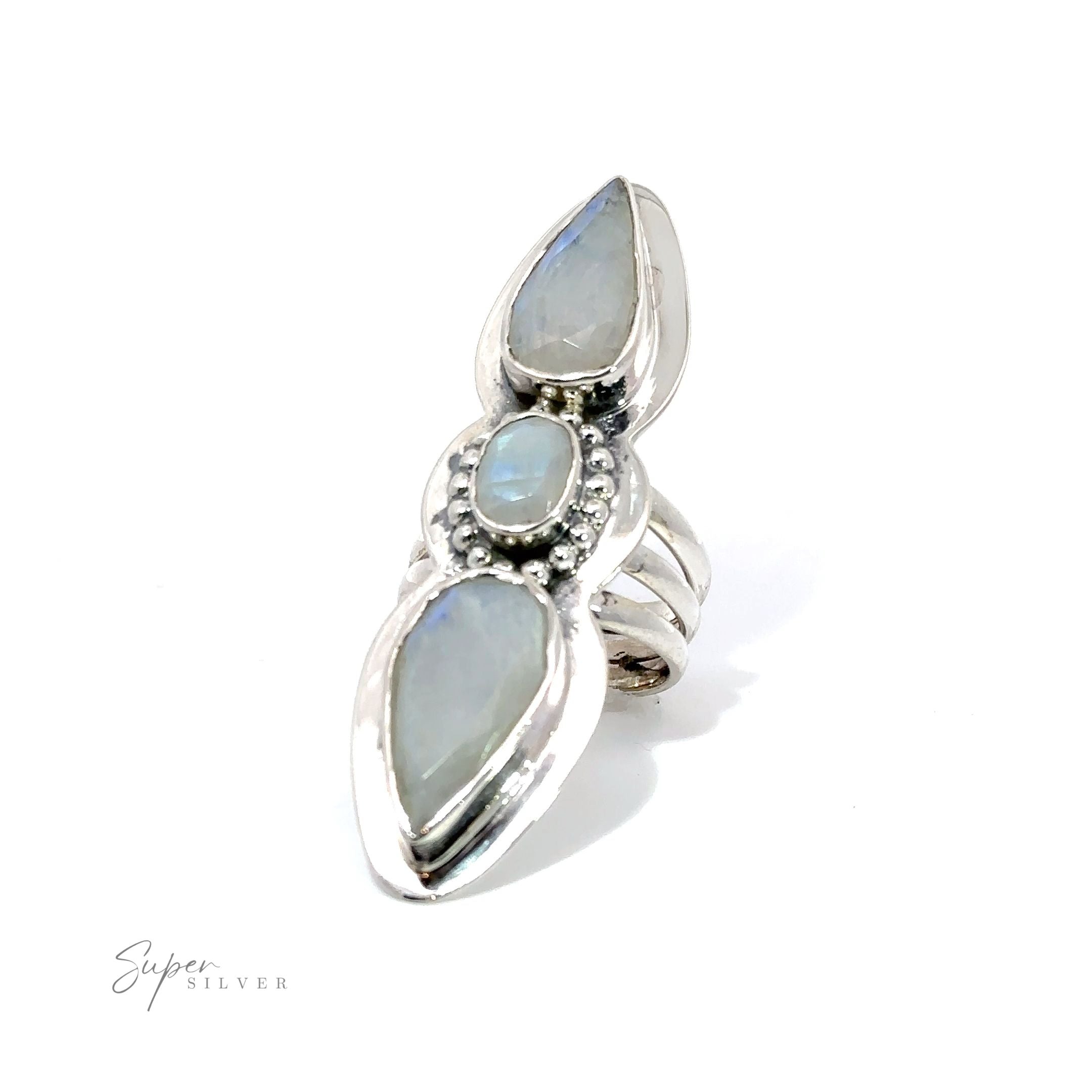 A Statement Faceted Moonstone Ring with a blue stone in the middle.