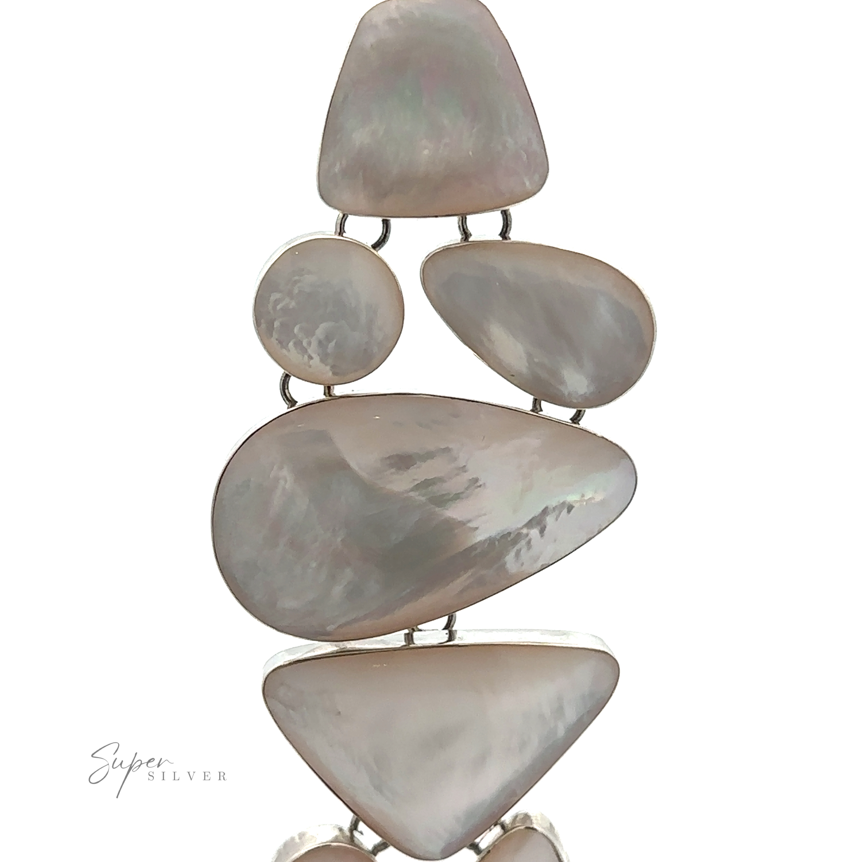 An assortment of polished, irregularly-shaped white stones set in silver are linked together vertically, creating a stunning Statement Mother of Pearl Bracelet. The image has a "Super Silver" watermark in the lower left corner.