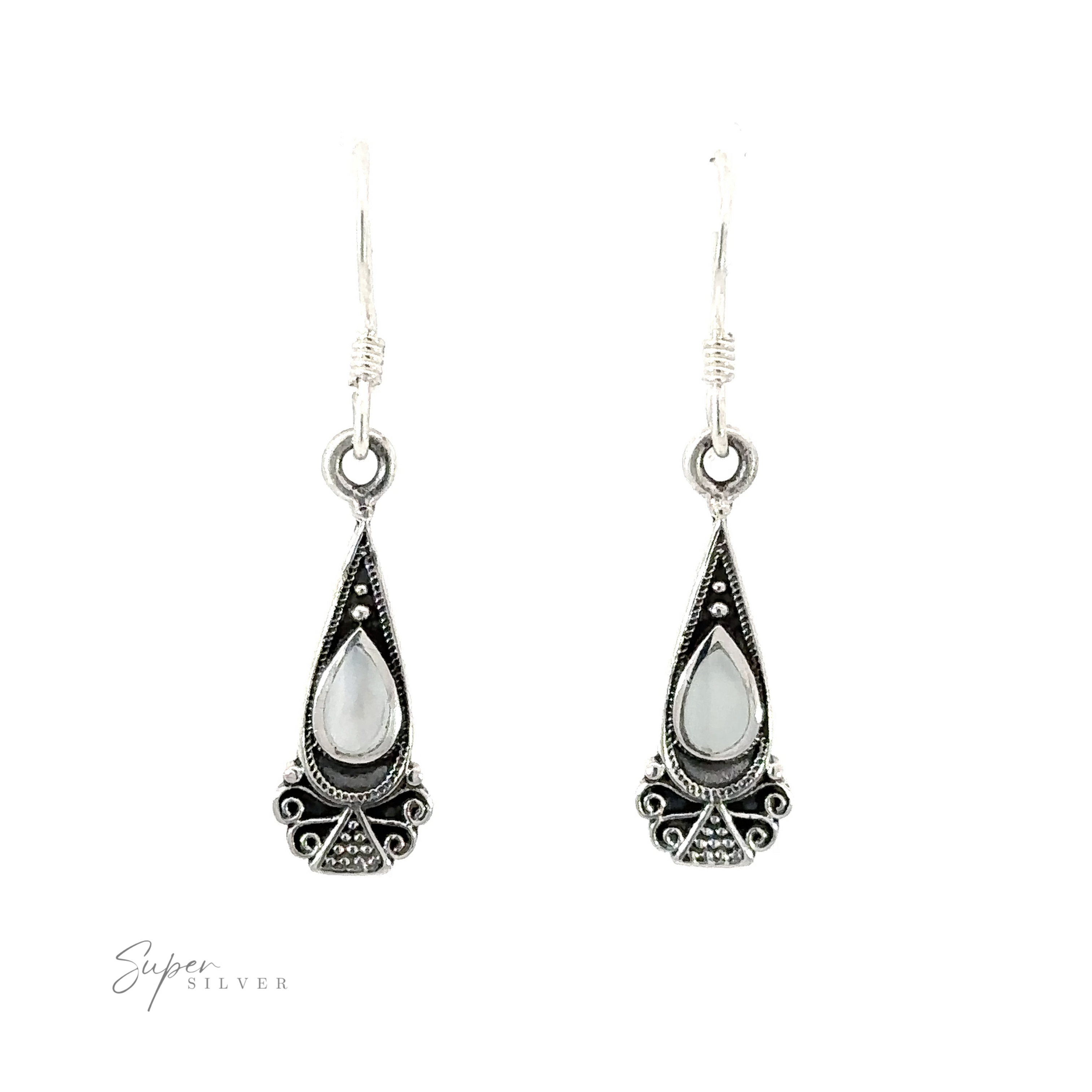 Bali Inspired Teardrop Shaped Earrings With Inlay Stones with a Bali-inspired design and inlaid white stones.