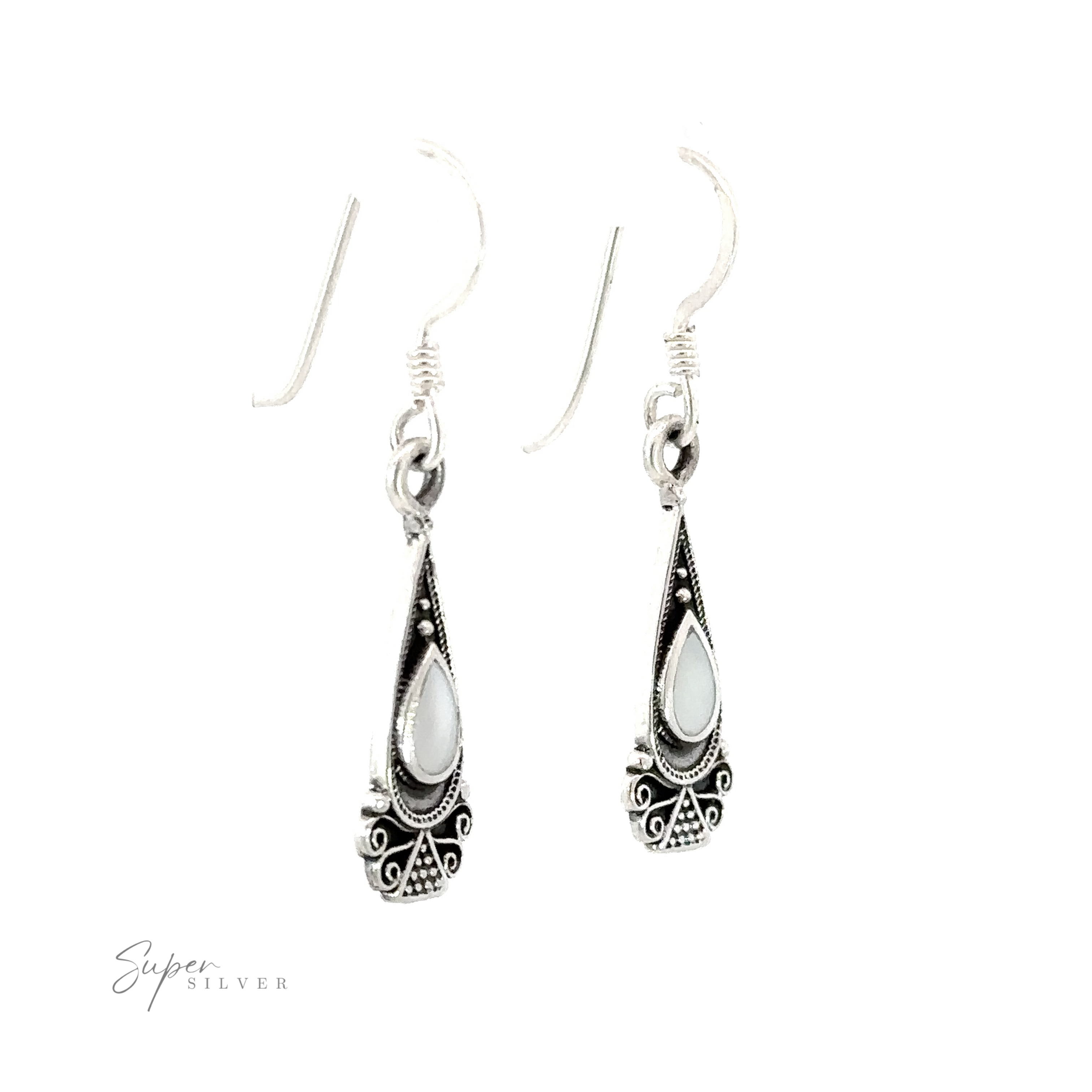 These Bali Inspired Teardrop Shaped Earrings with inlay stones feature white stones.