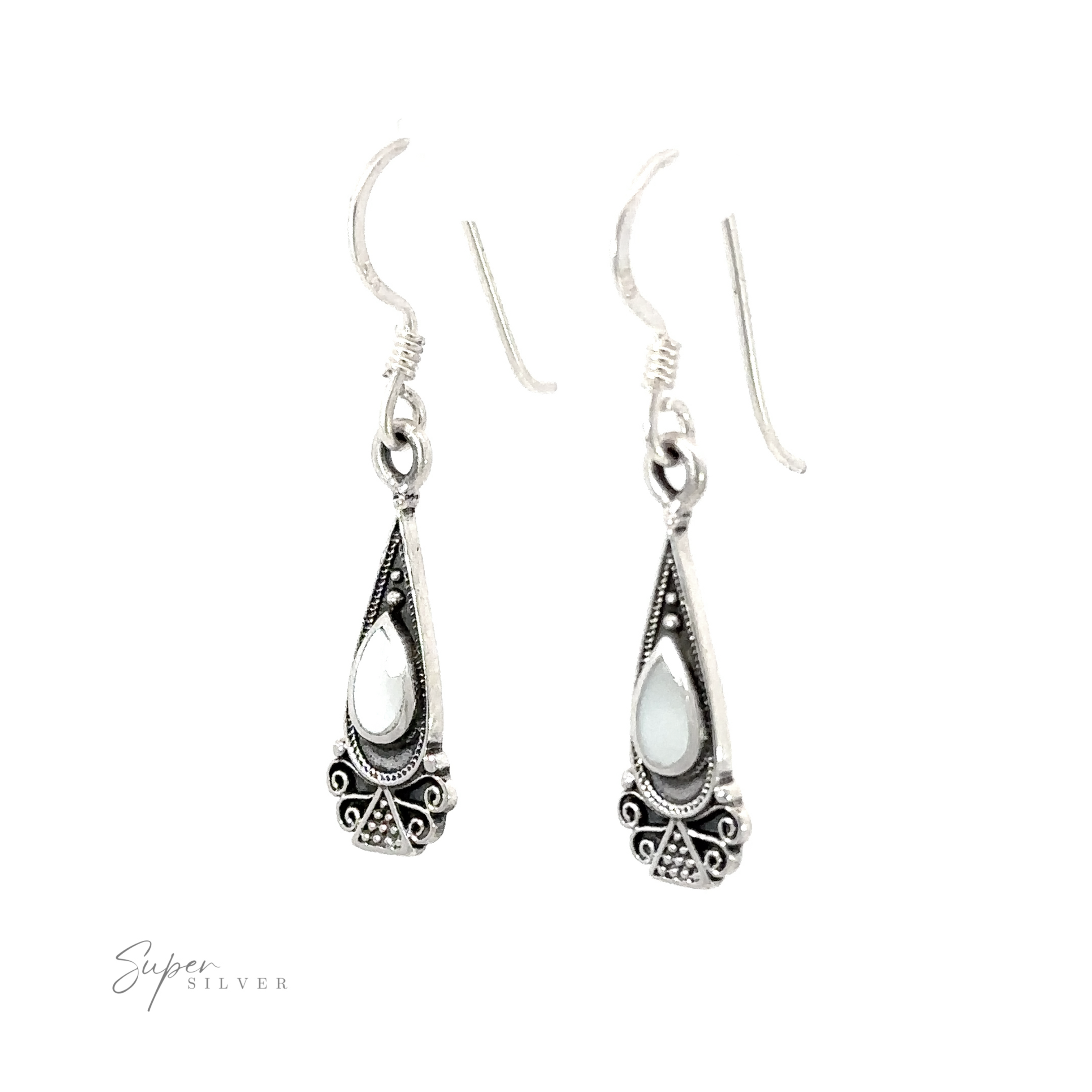 Bali Inspired Teardrop Shaped Earrings With Inlay Stones inlaid with silver.