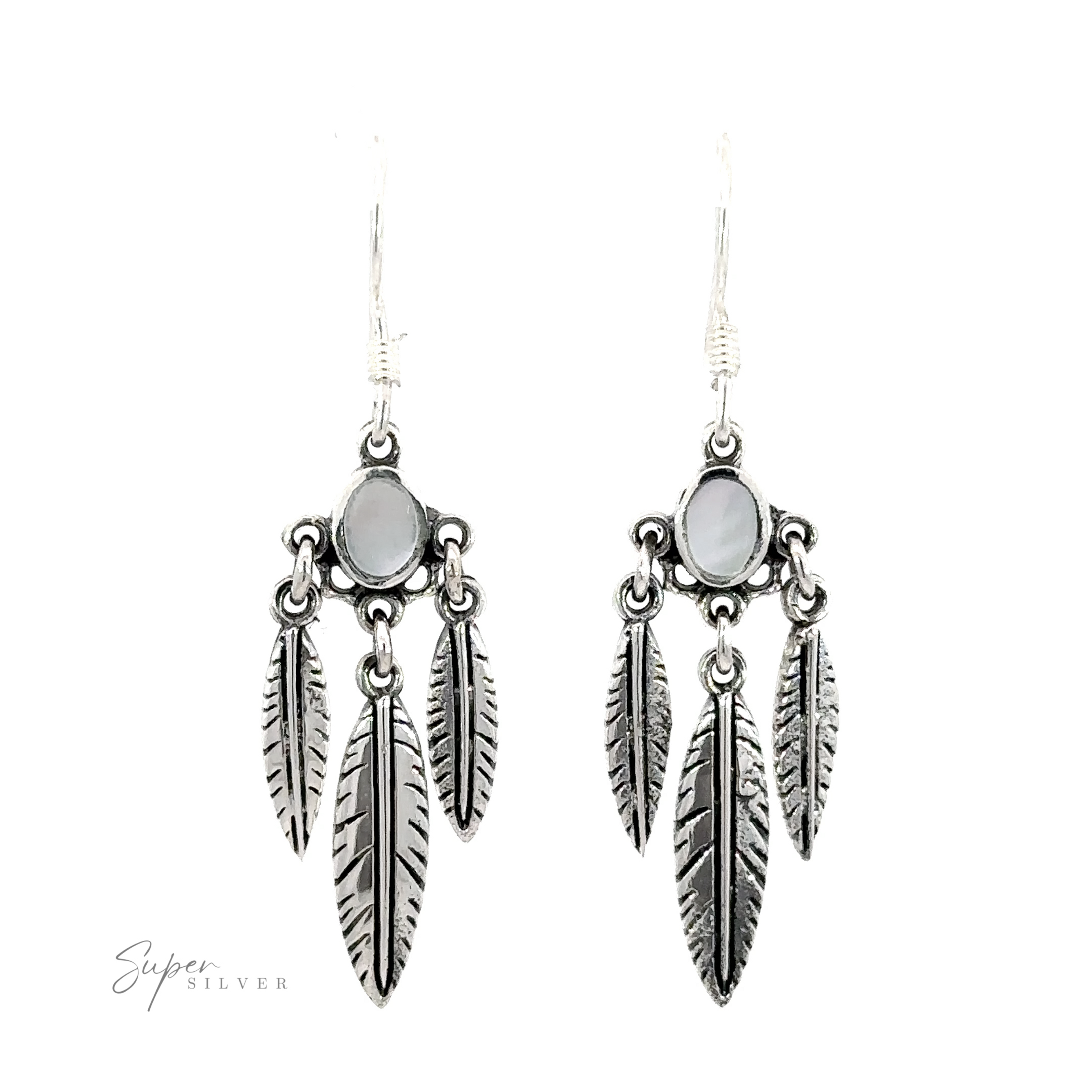 A pair of Western Inspired Earrings With Feather Dangles and Inlay Stones.