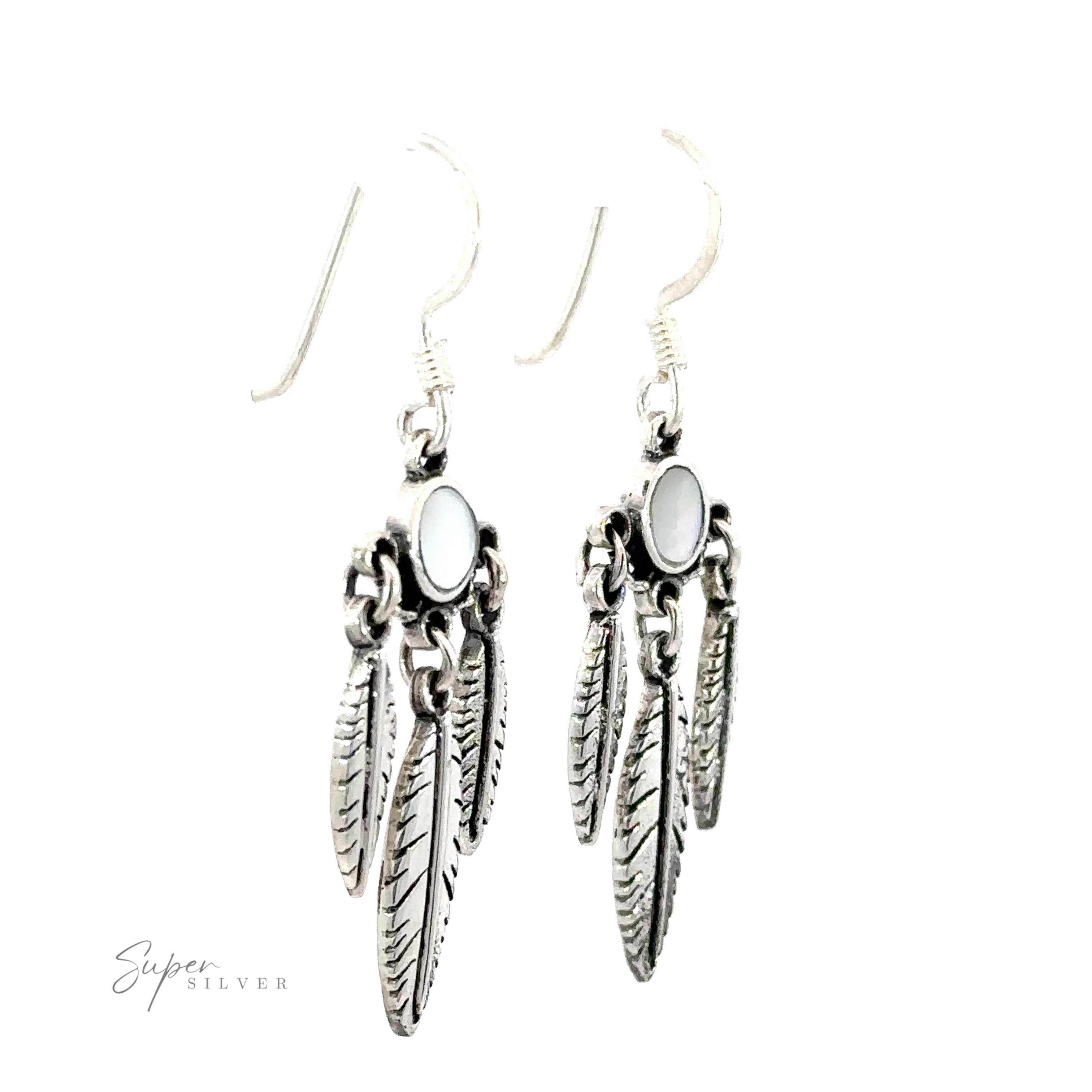 A pair of Western Inspired Earrings With Feather Dangles and Inlay Stones with oval, organic gemstone accents.