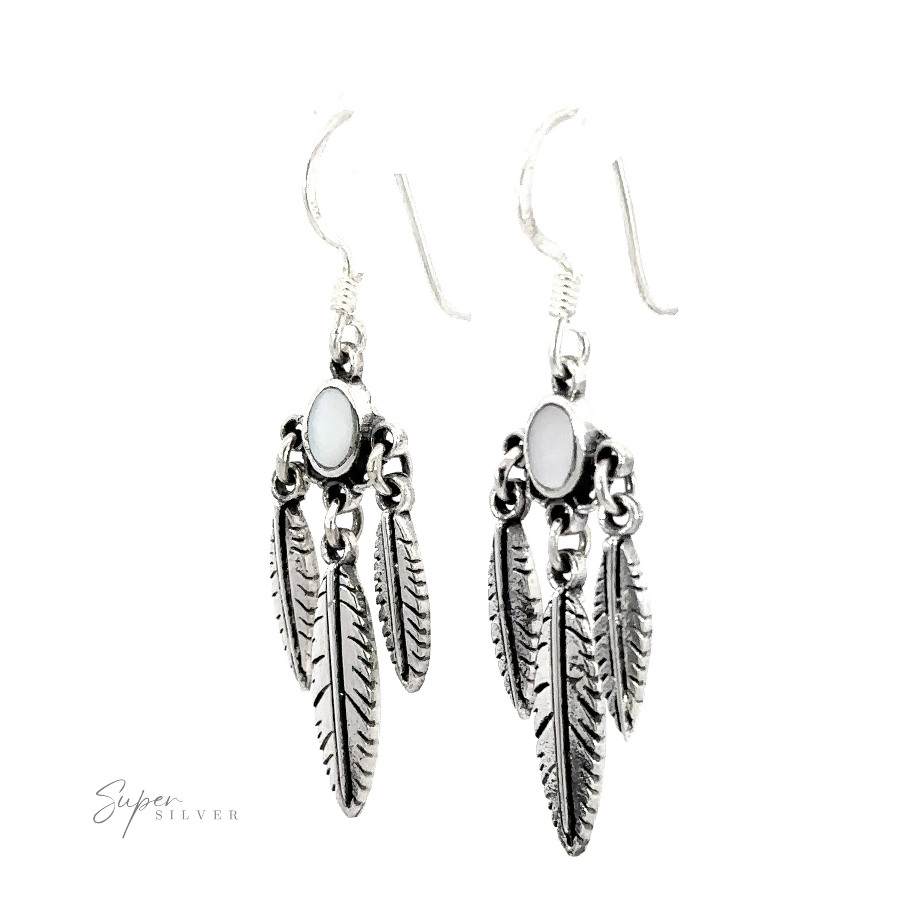 A pair of Western Inspired Earrings with Feather Dangles and Inlay Stones, displayed on a white background.