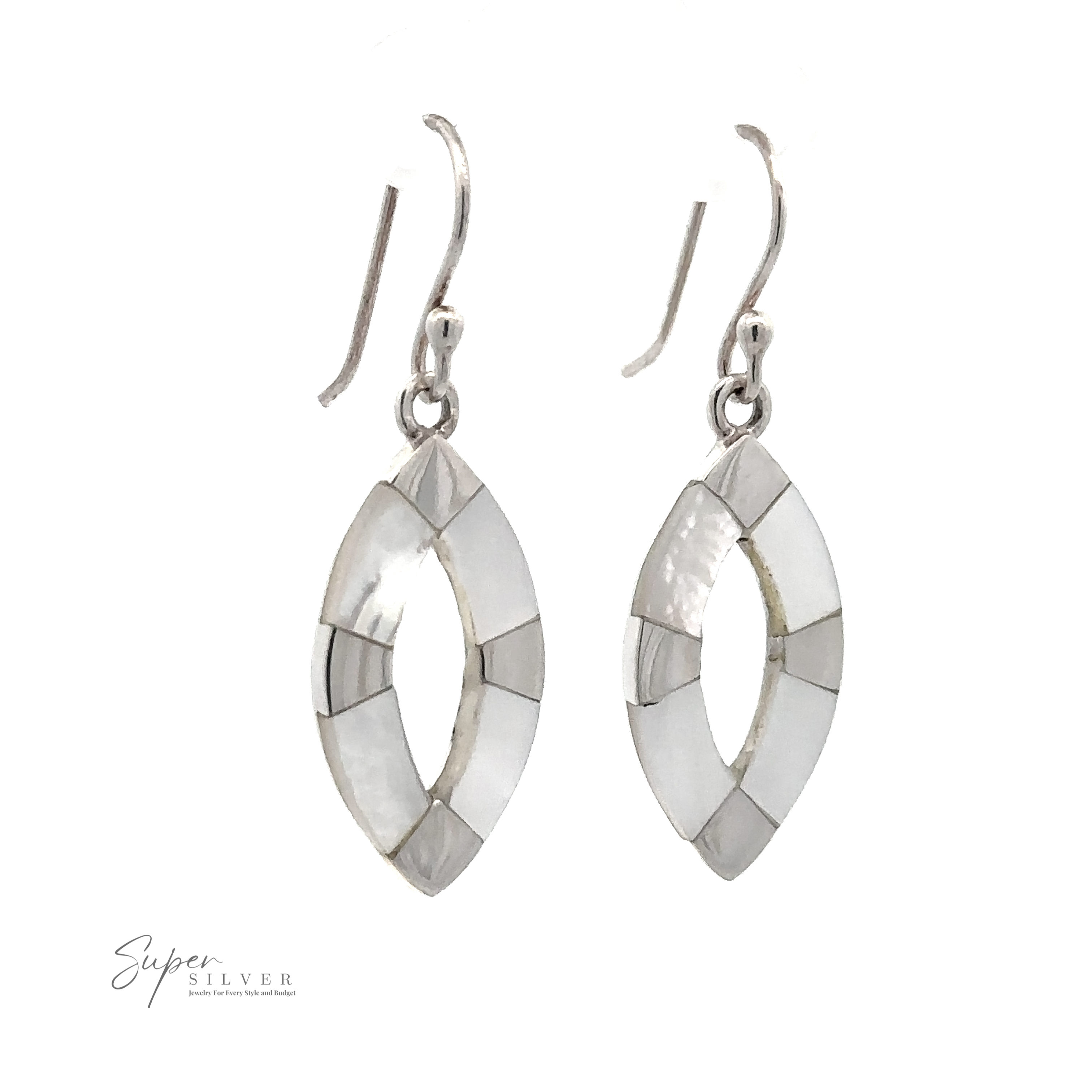 A pair of sterling silver marquise-shaped earrings with mother-of-pearl inlay. These elegant Inlaid Marquise Dangle Earrings feature fish hook backs, and the Super Silver logo is visible in the bottom left corner.