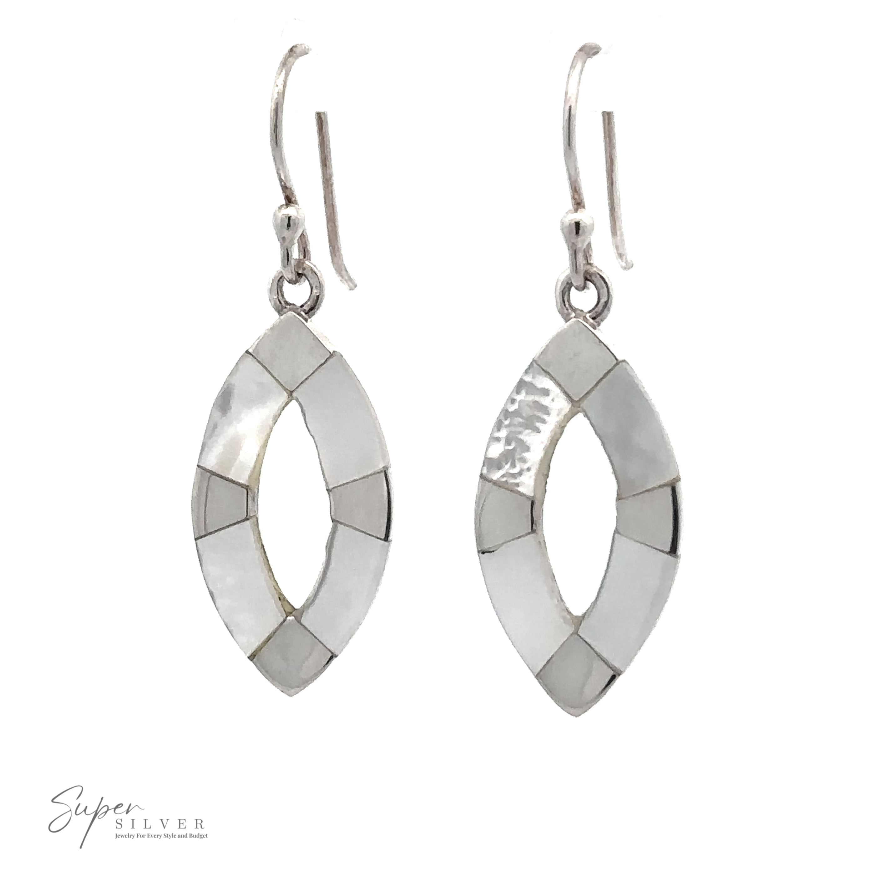 Silver and white geometric dangle earrings with an elongated elliptical shape and hook closures, reminiscent of elegant Inlaid Marquise Dangle Earrings. The "Super Silver" logo is shown at the lower left corner.