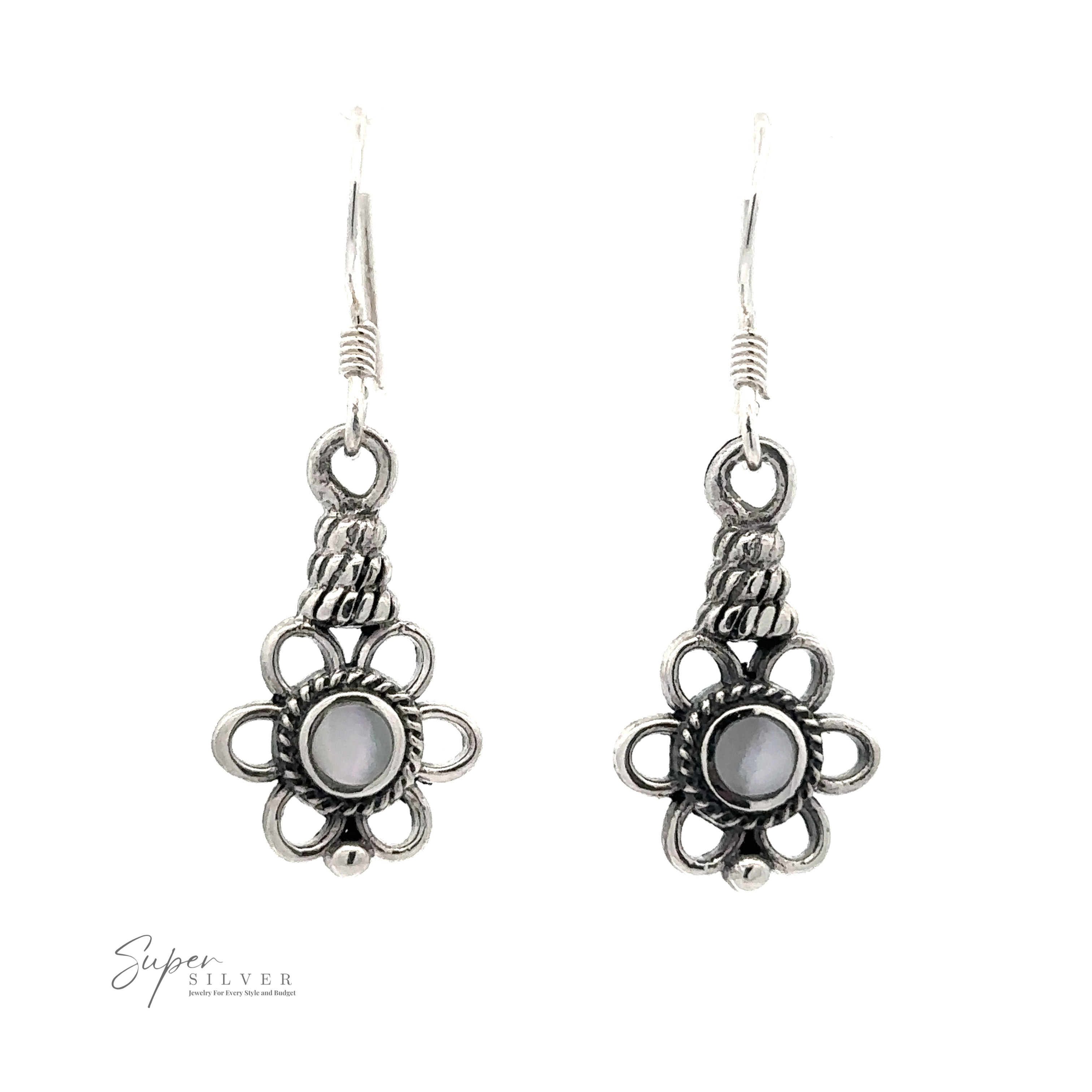 Flower Design Earrings With a Round Stone, featuring a central round stone.