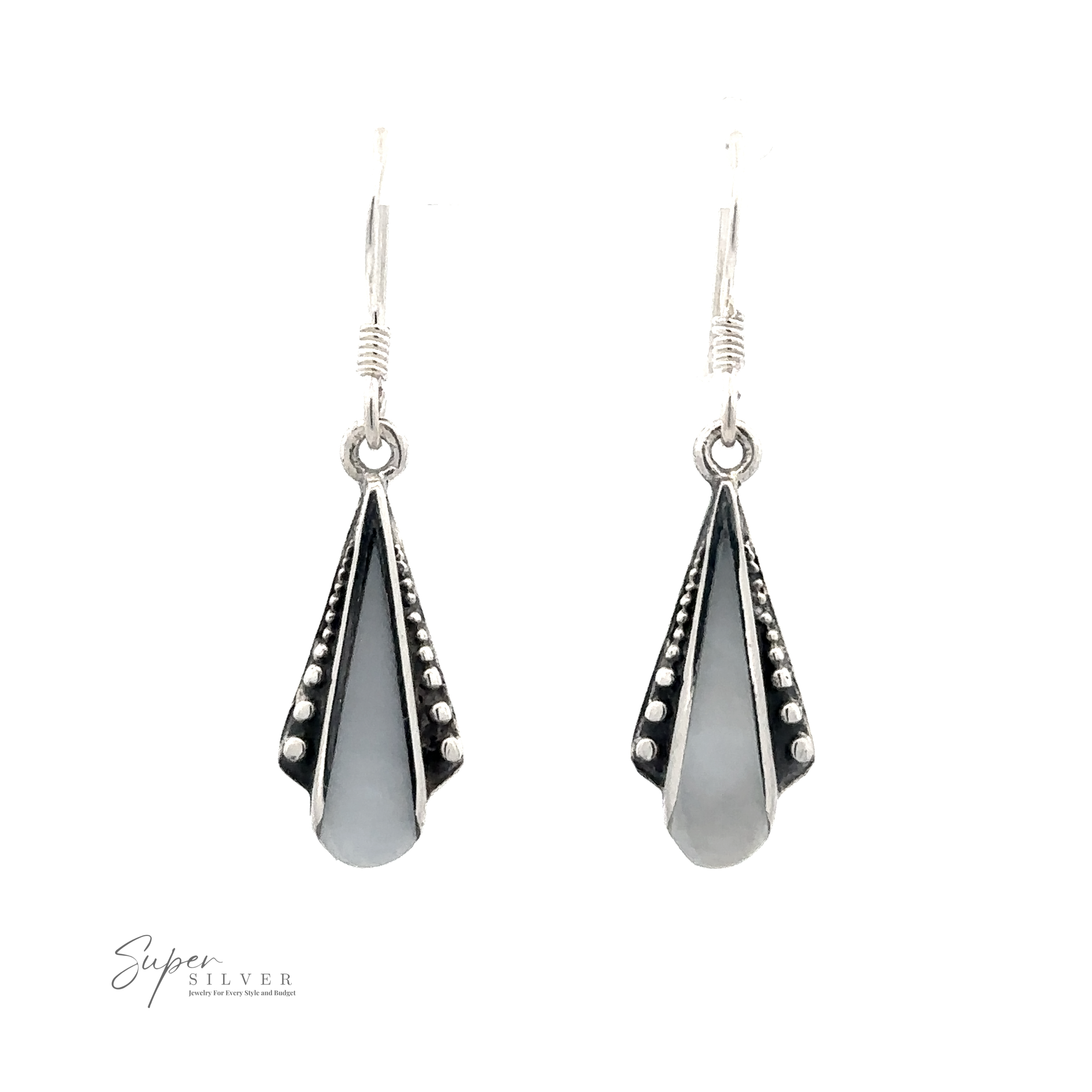 A pair of Inlaid Teardrop Shaped Bali Inspired Earrings with a beaded edge, featuring a touch of Mother of Pearl and hook fastening.