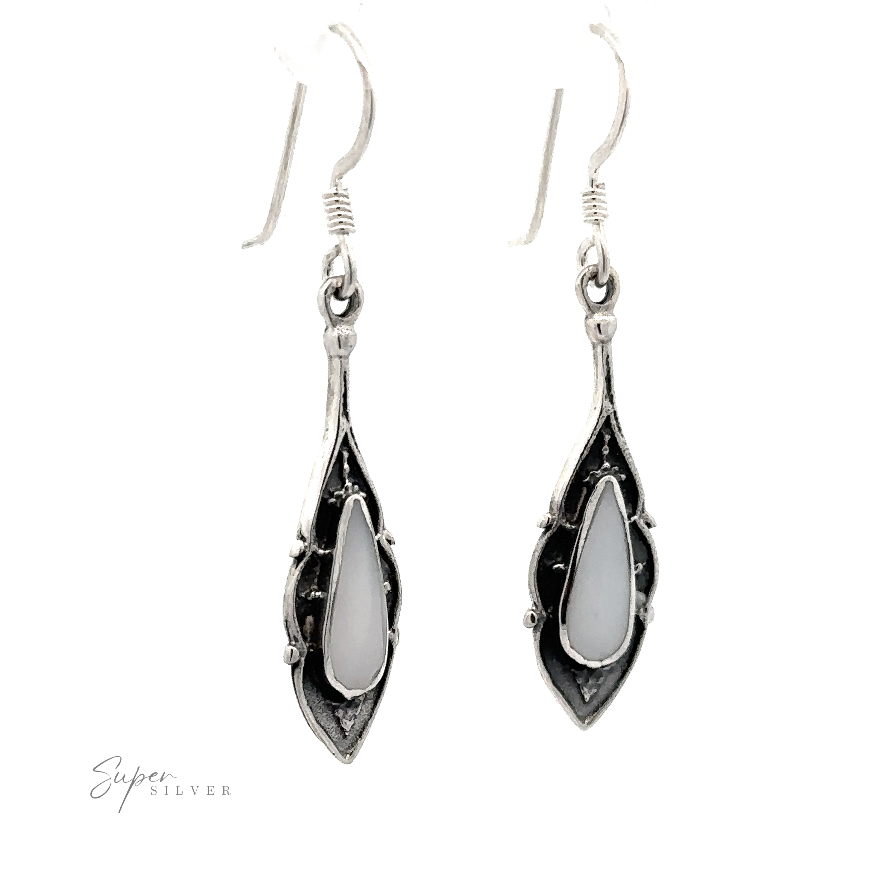 A pair of Teardrop Shape Inlaid Earrings featuring a teardrop-shaped white gemstone in the center. The hook-style design is simple and elegant. Branding text "Super Silver" is in the bottom-left corner.
