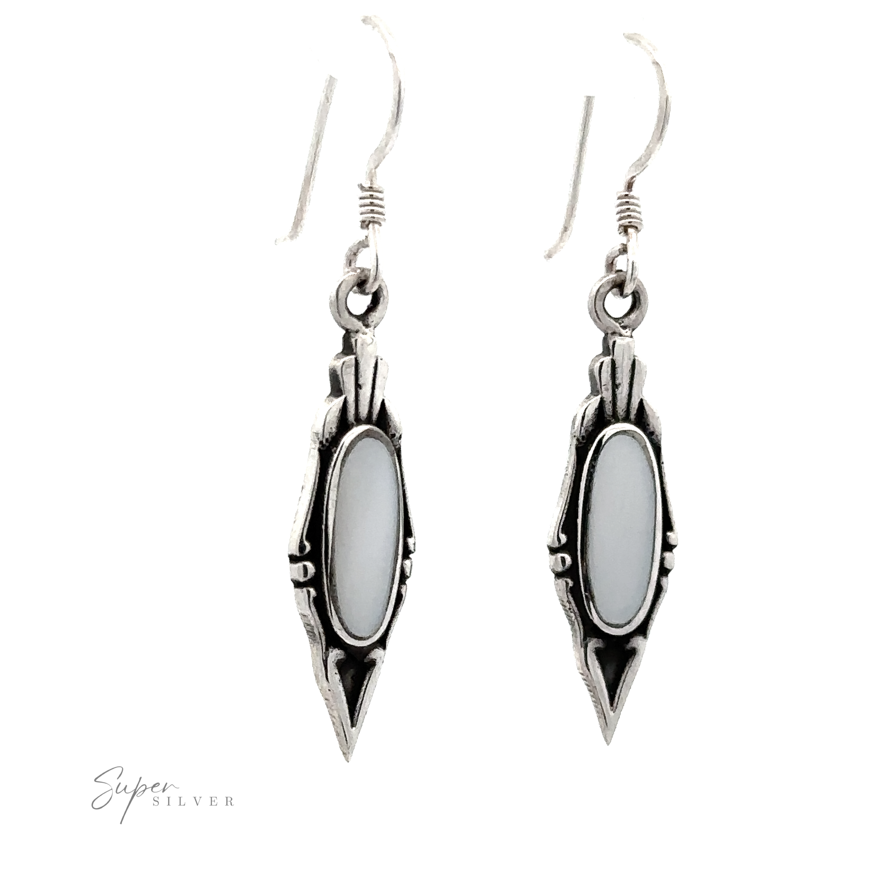 A pair of Elegant Inlaid Earrings with Oval Stone, featuring intricate vintage design metalwork. Hook fastening. Brand name "Super Silver" visible in the corner.
