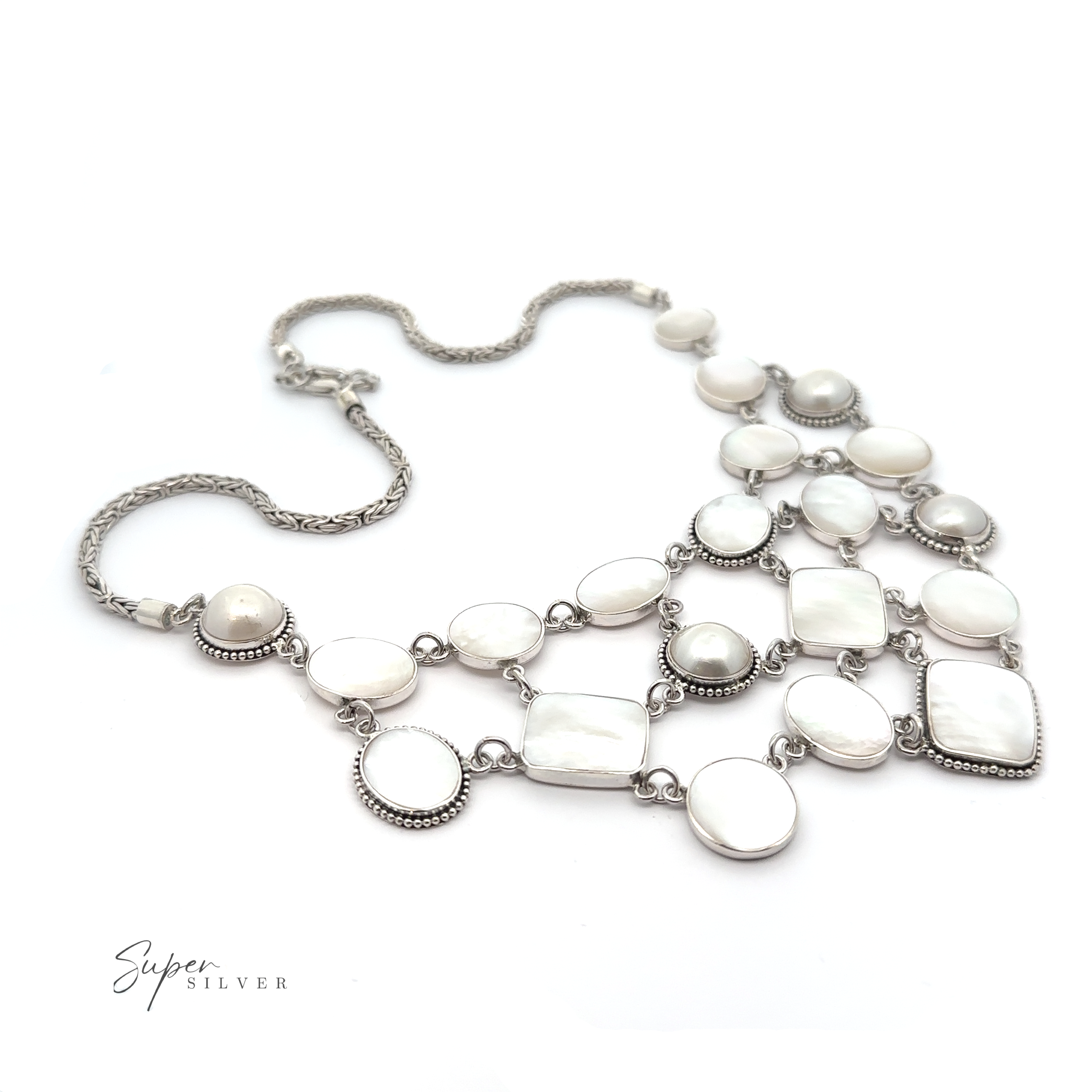 A Statement Mother of Pearl Bali Necklace with white stones.