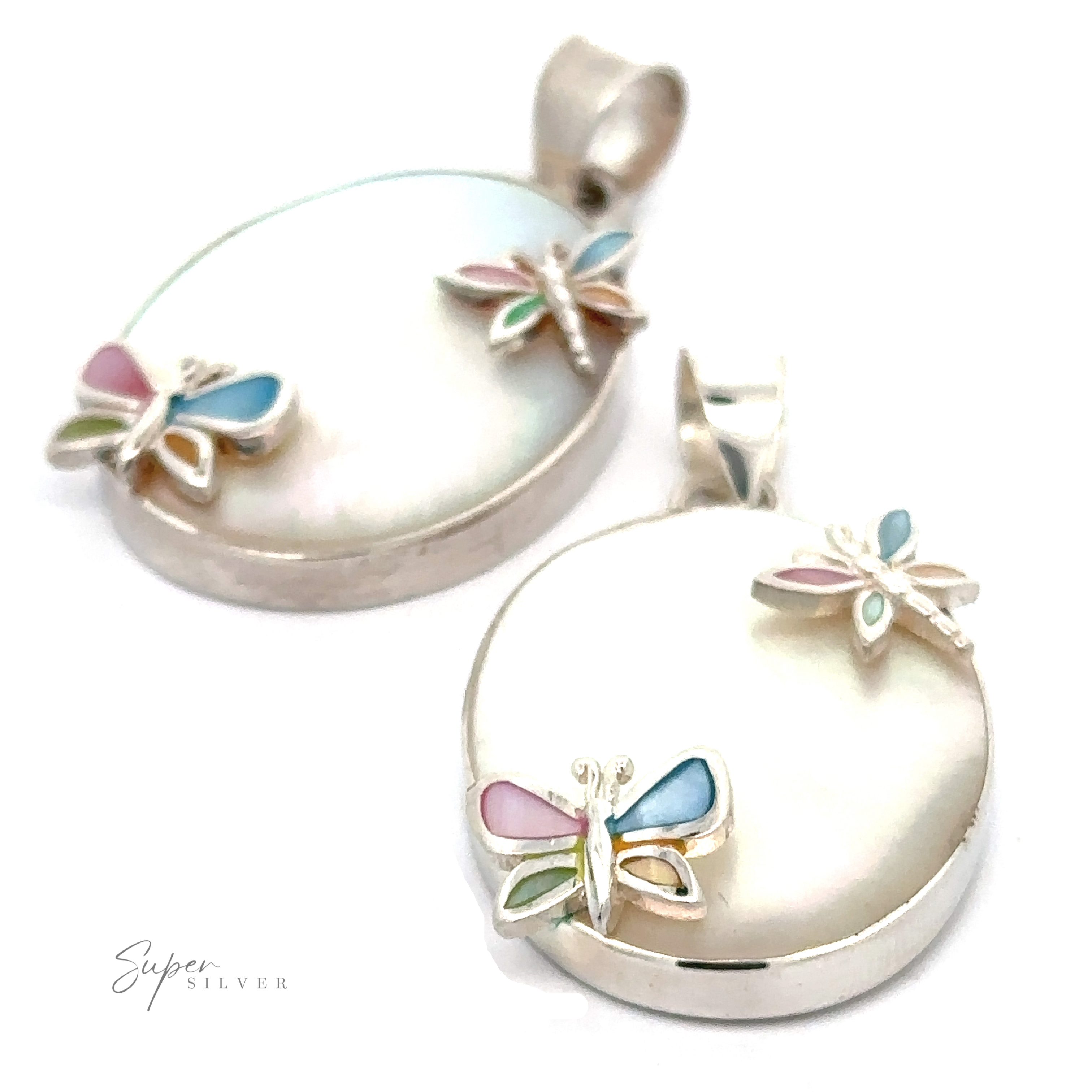 A pair of Mother of Pearl Pendants with Butterflies and Dragonflies.