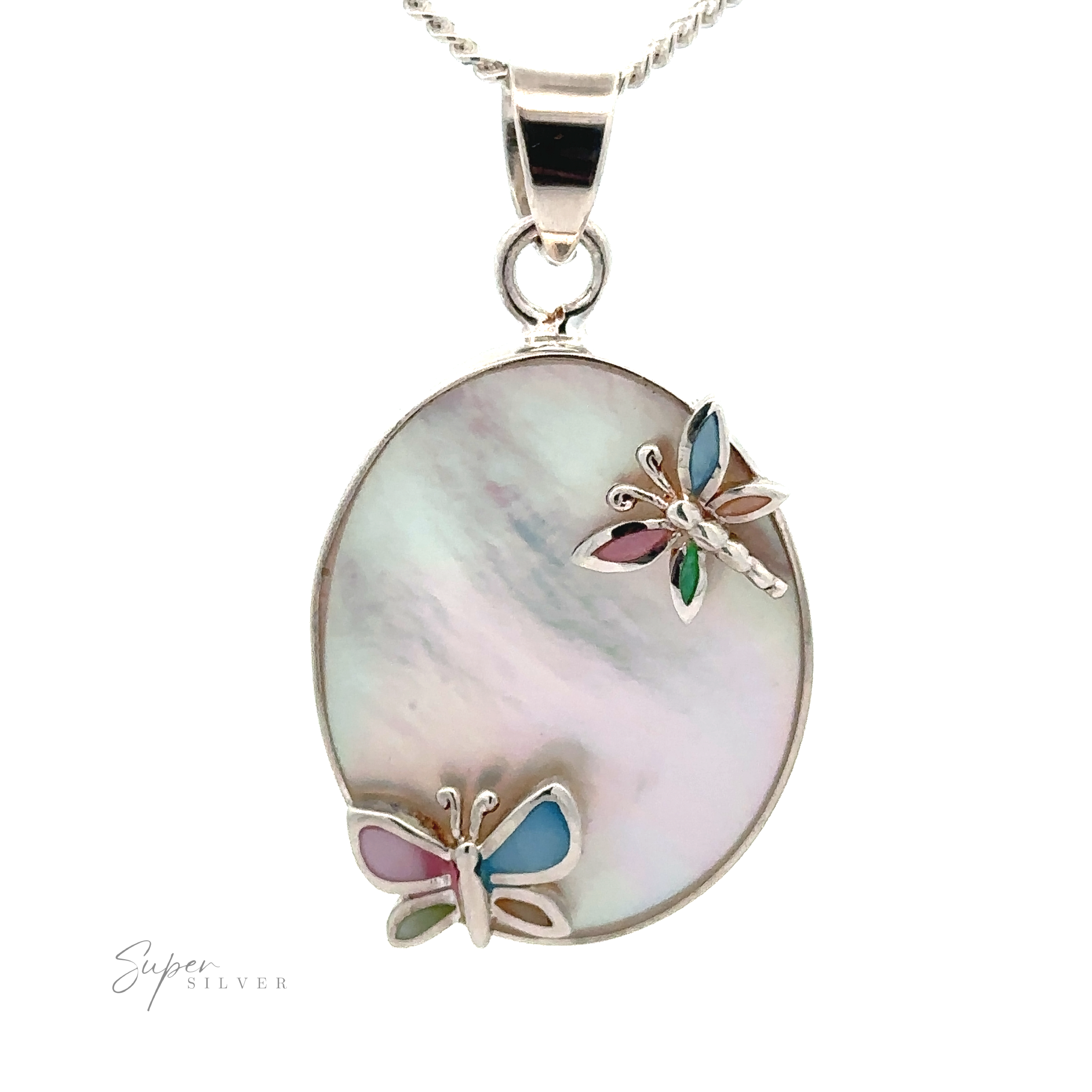 Mother of Pearl Pendant with Butterflies and Dragonflies, adorned with a pearlescent surface, two colorful butterfly embellishments, and hanging from a sterling silver chain.