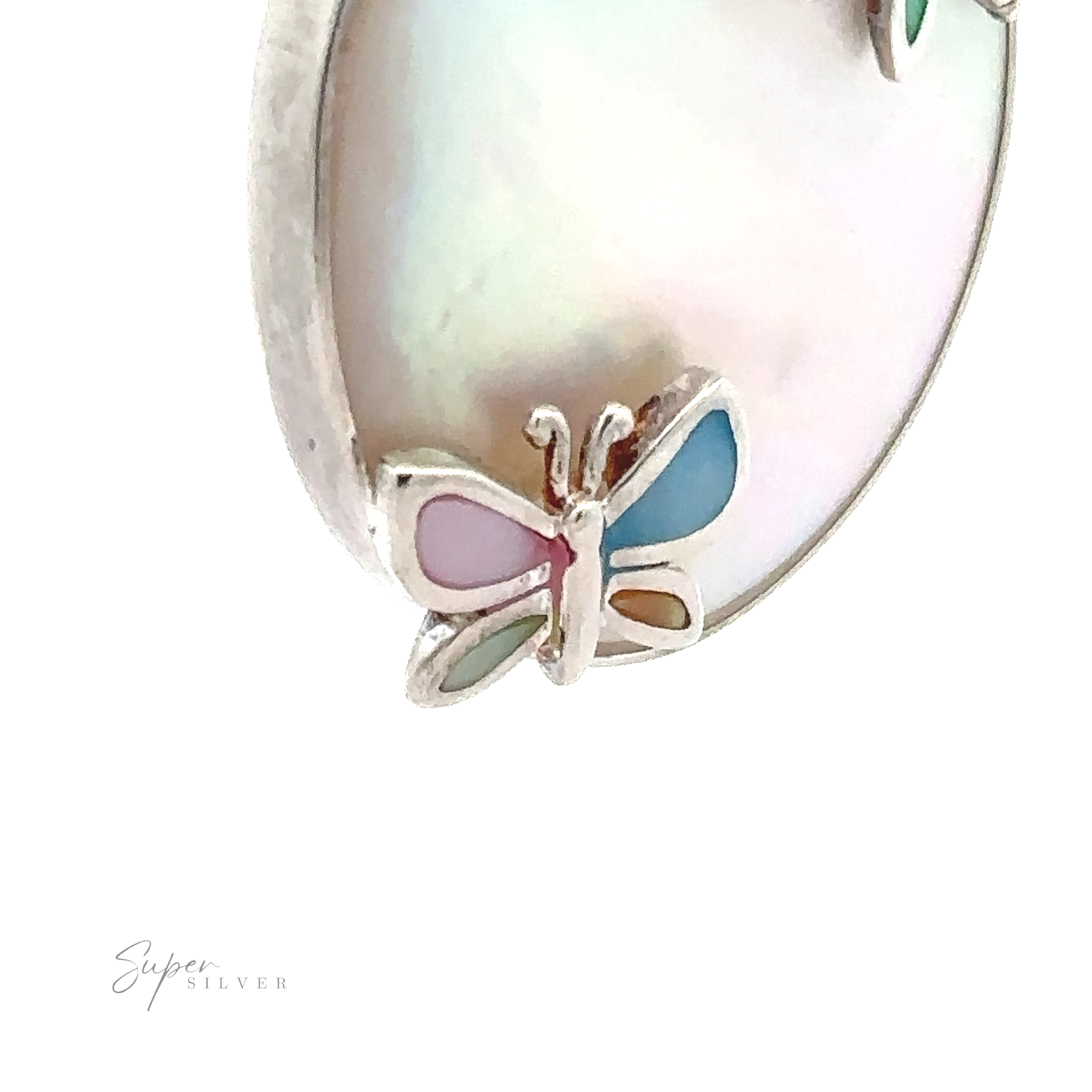 A round silver pendant featuring a butterfly with multicolored wings, this nature-inspired accessory captures the delicate beauty of the Mother of Pearl Pendant with Butterflies and Dragonflies.