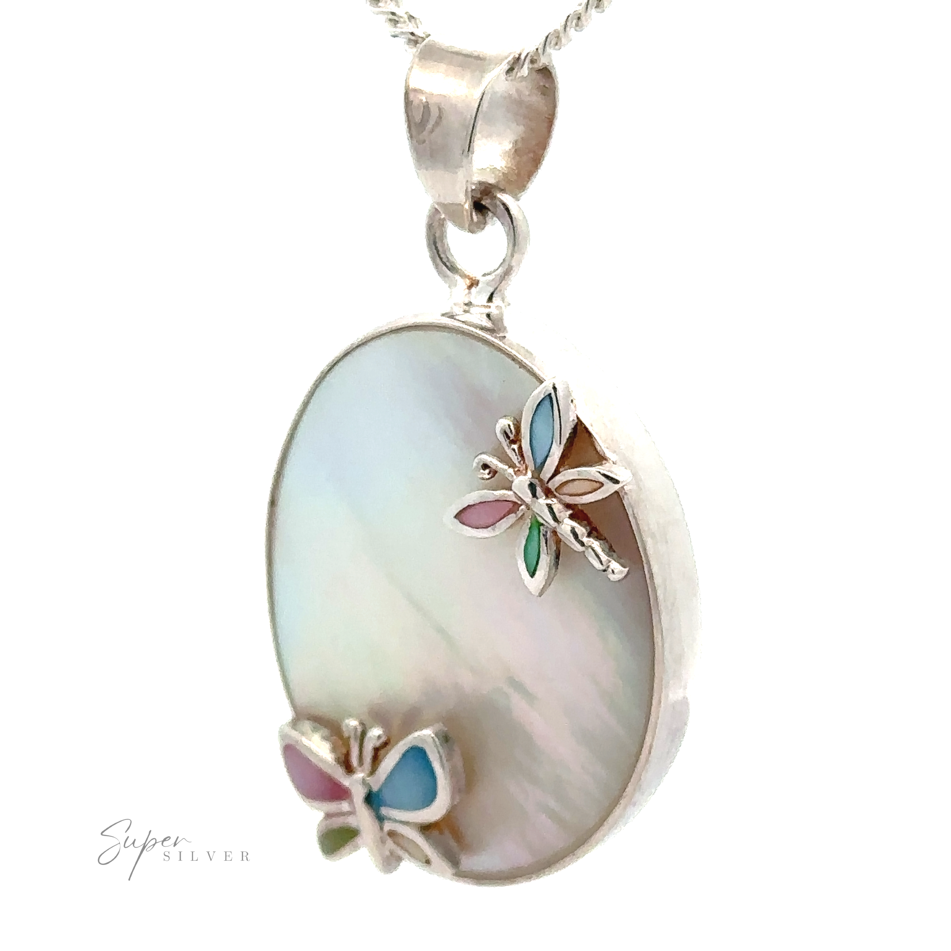 A Mother of Pearl Pendant with Butterflies and Dragonflies featuring an oval mother-of-pearl inlay adorned with small, colorful butterfly and dragonfly accents. The pendant hangs elegantly from a silver chain.